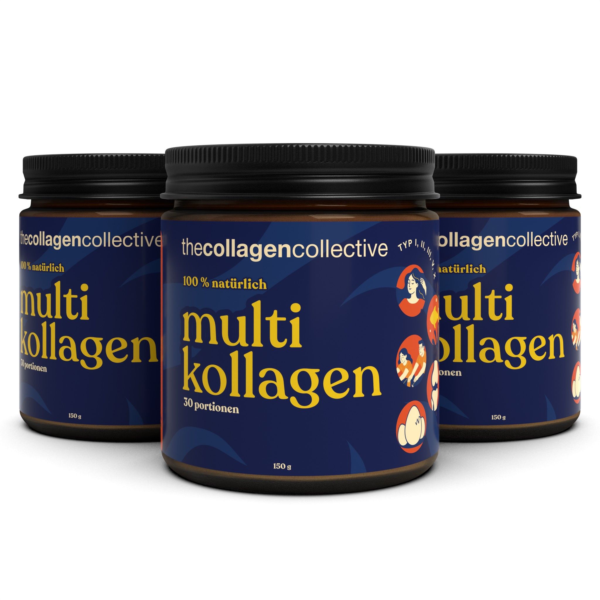 Drei braune Gläser mit schwarzem Deckel. Aufschrift: Multi Kollagen, 100% natürlich, 30 Portionen, 150g. Logo: thecollagencollective.