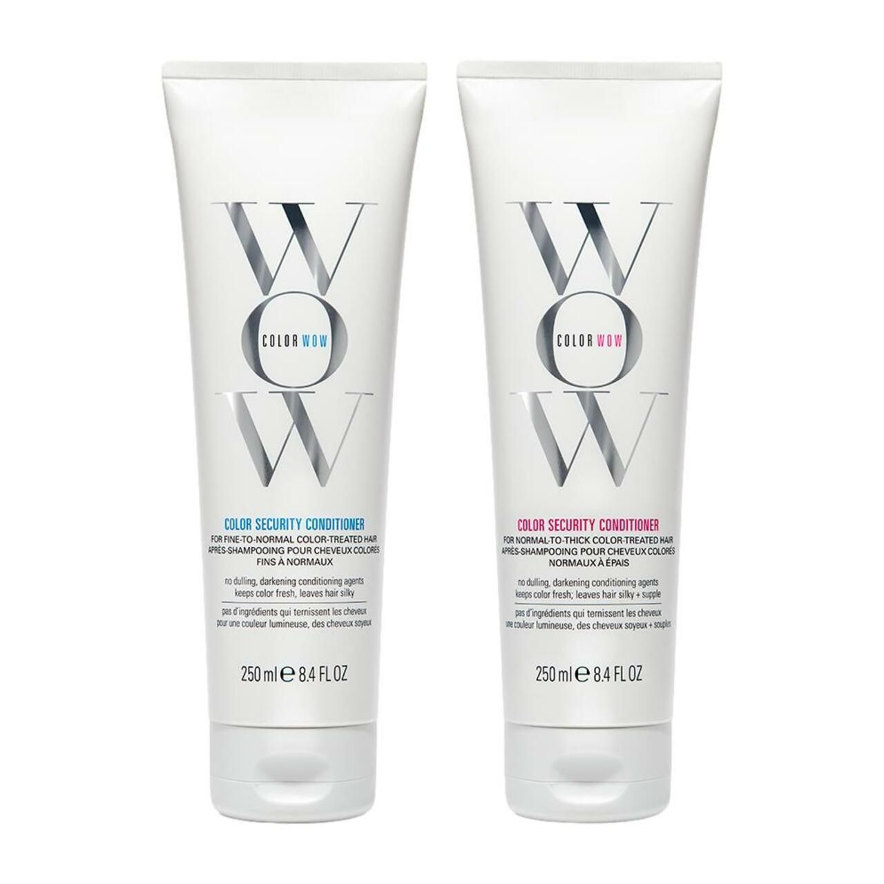 Zwei weiße Tuben mit Text. "WOW" und "Color Security Conditioner". 250ml. Rosa und blaue Akzente.