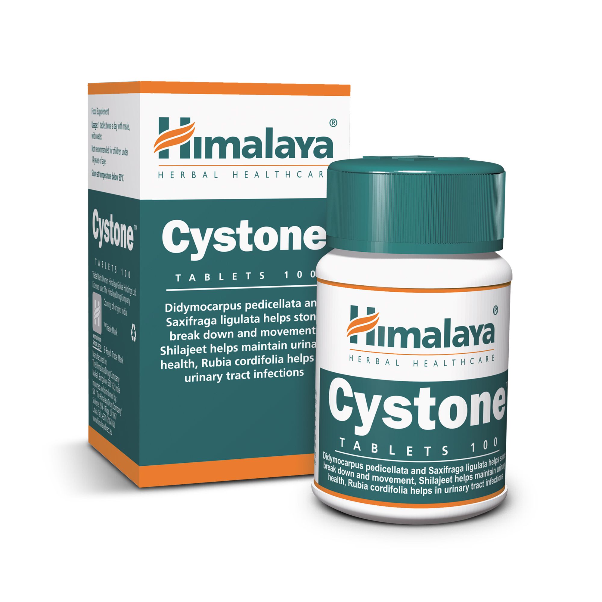 Himalaya Cystone Tabletten 100er Packung und Karton.