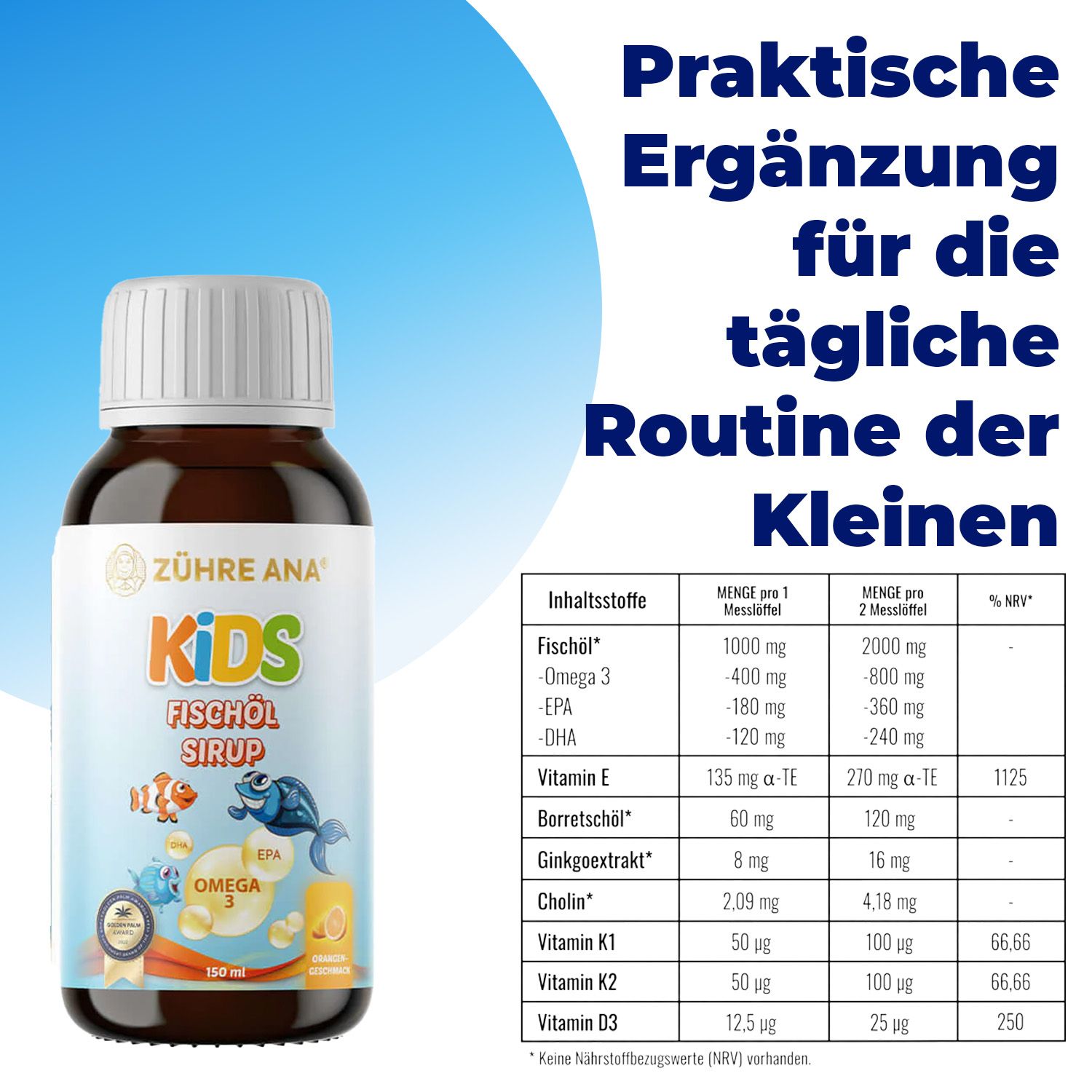 Zühre Ana Kids Fischöl Sirup Flasche mit Nährwerttabelle und Produktmerkmalen.