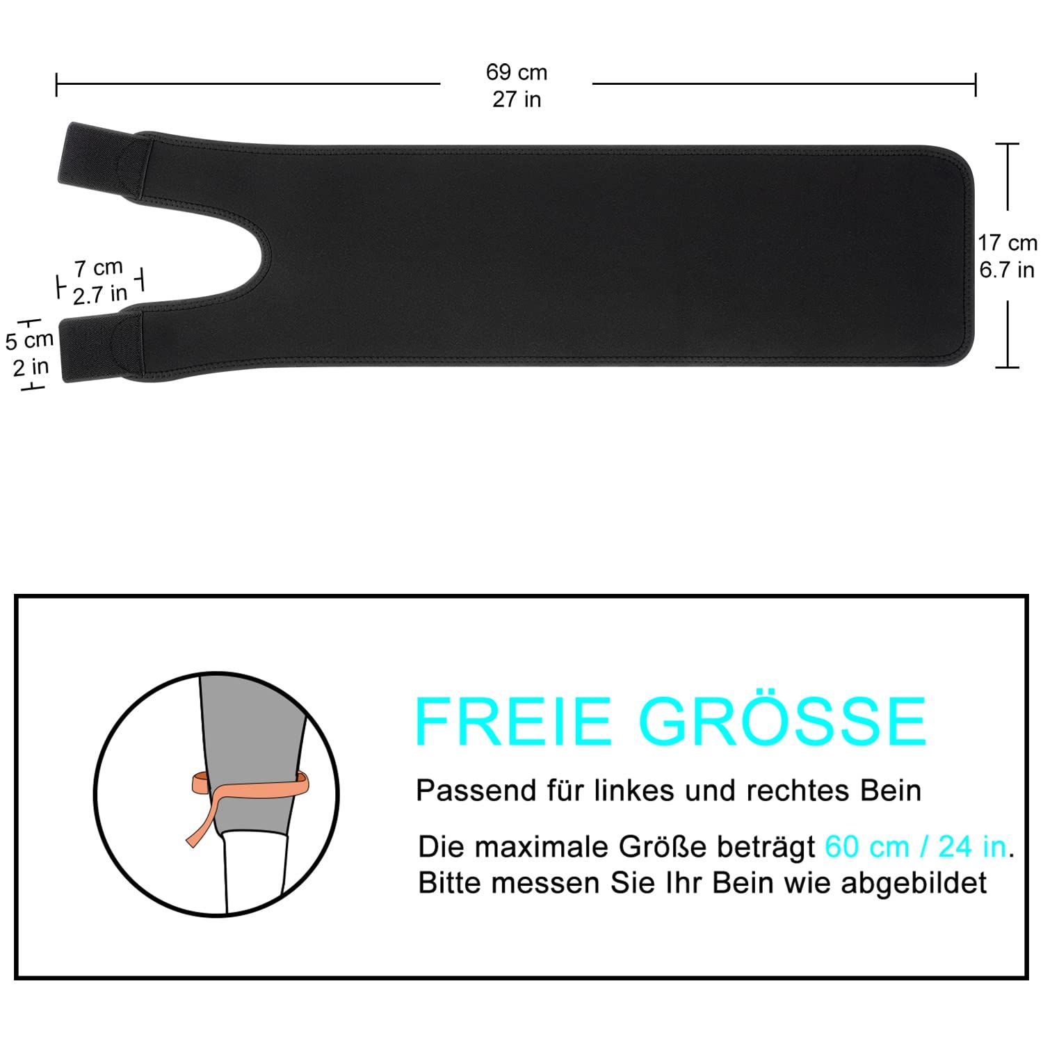 Schwarze Oberschenkelbandage, Maße 69x17 cm, mit Klettverschluss. Passend für links und rechts.