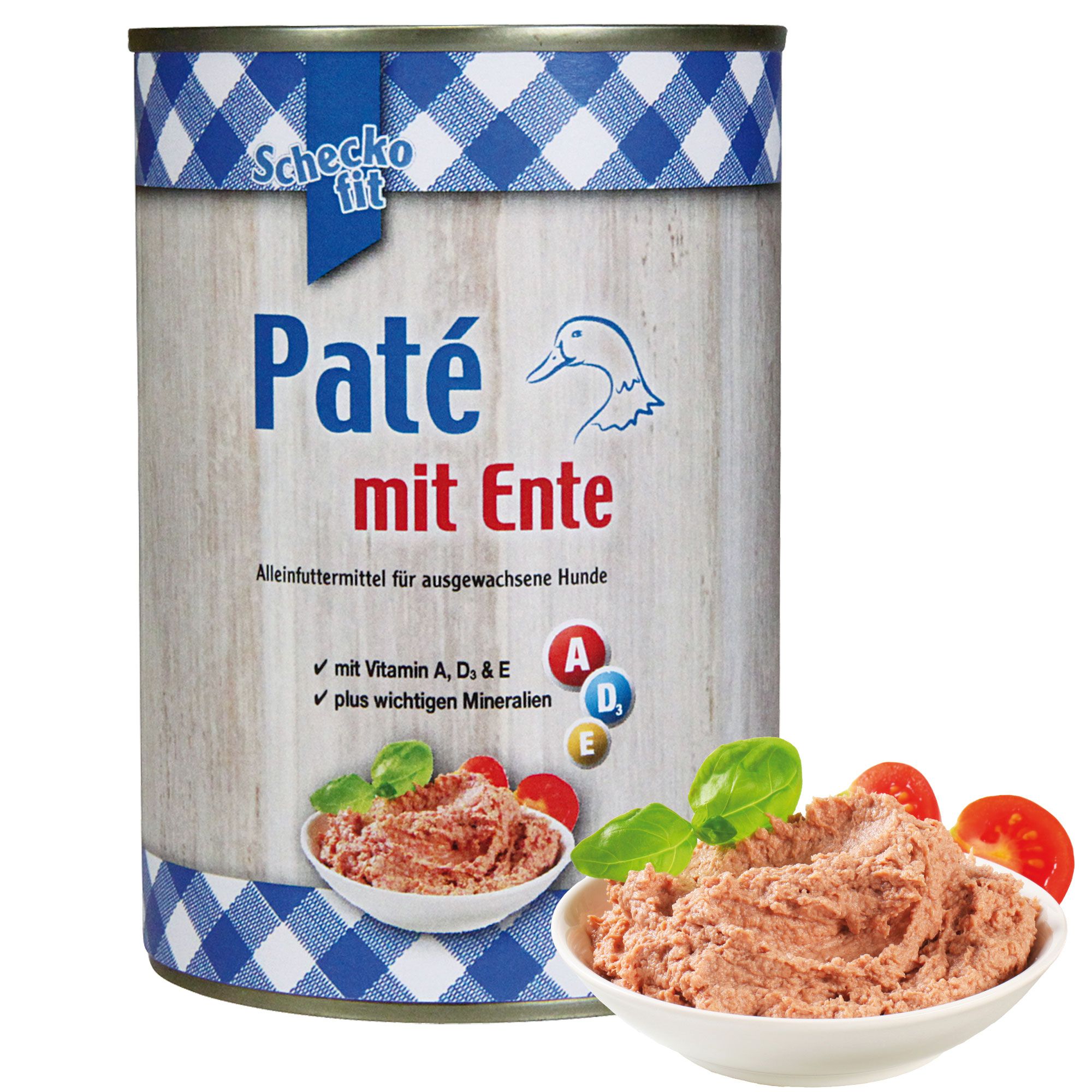 Hundefutterdose mit Aufschrift Paté mit Ente. Blaue und weiße Karomuster. Abgebildet: Futter in Schale, Tomaten, Basilikumblätter.