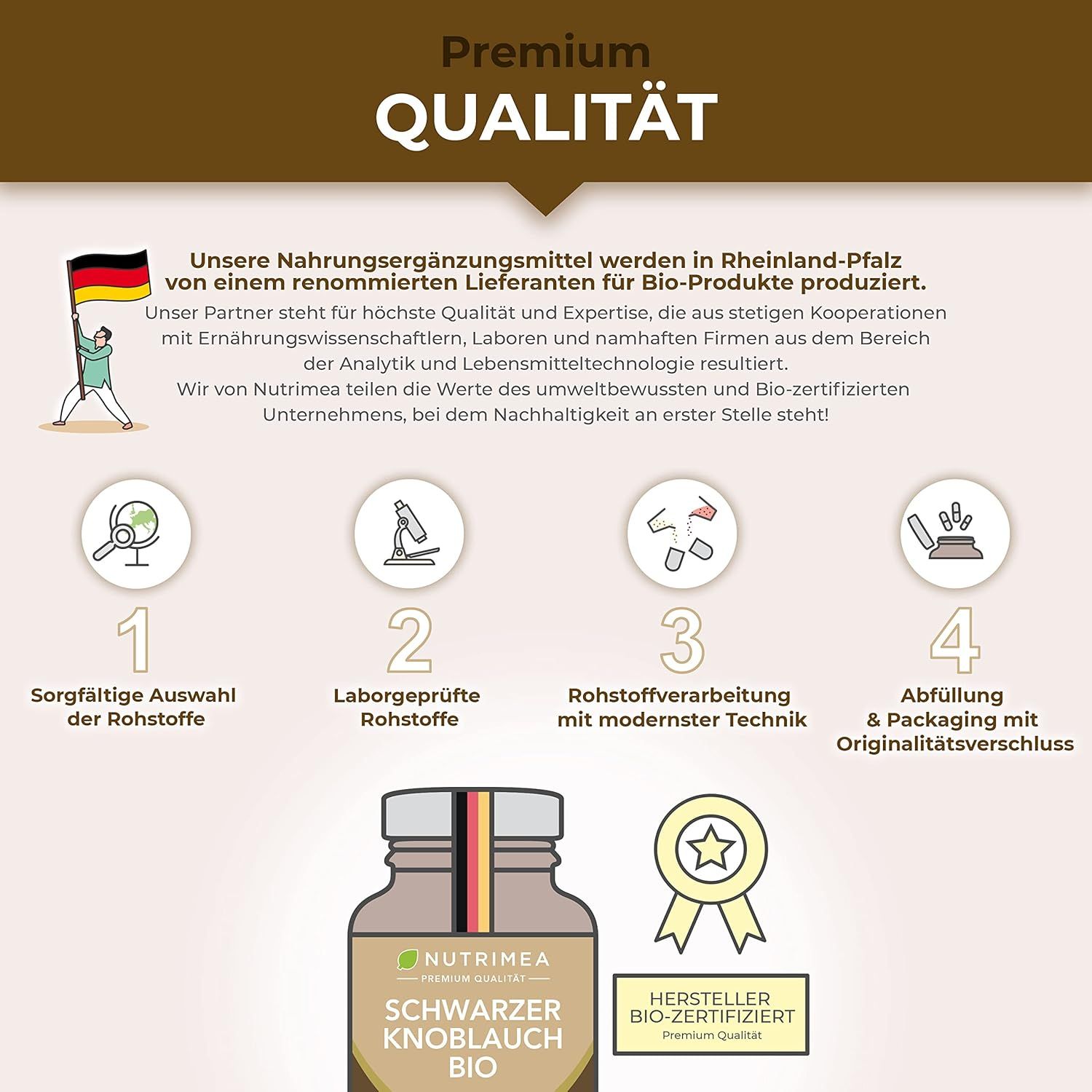 Premium Qualität. Herstellung in Rheinland-Pfalz. Rohstoffauswahl, Laborprüfung, moderne Technik, Verpackung. BIO-Zertifizierung.