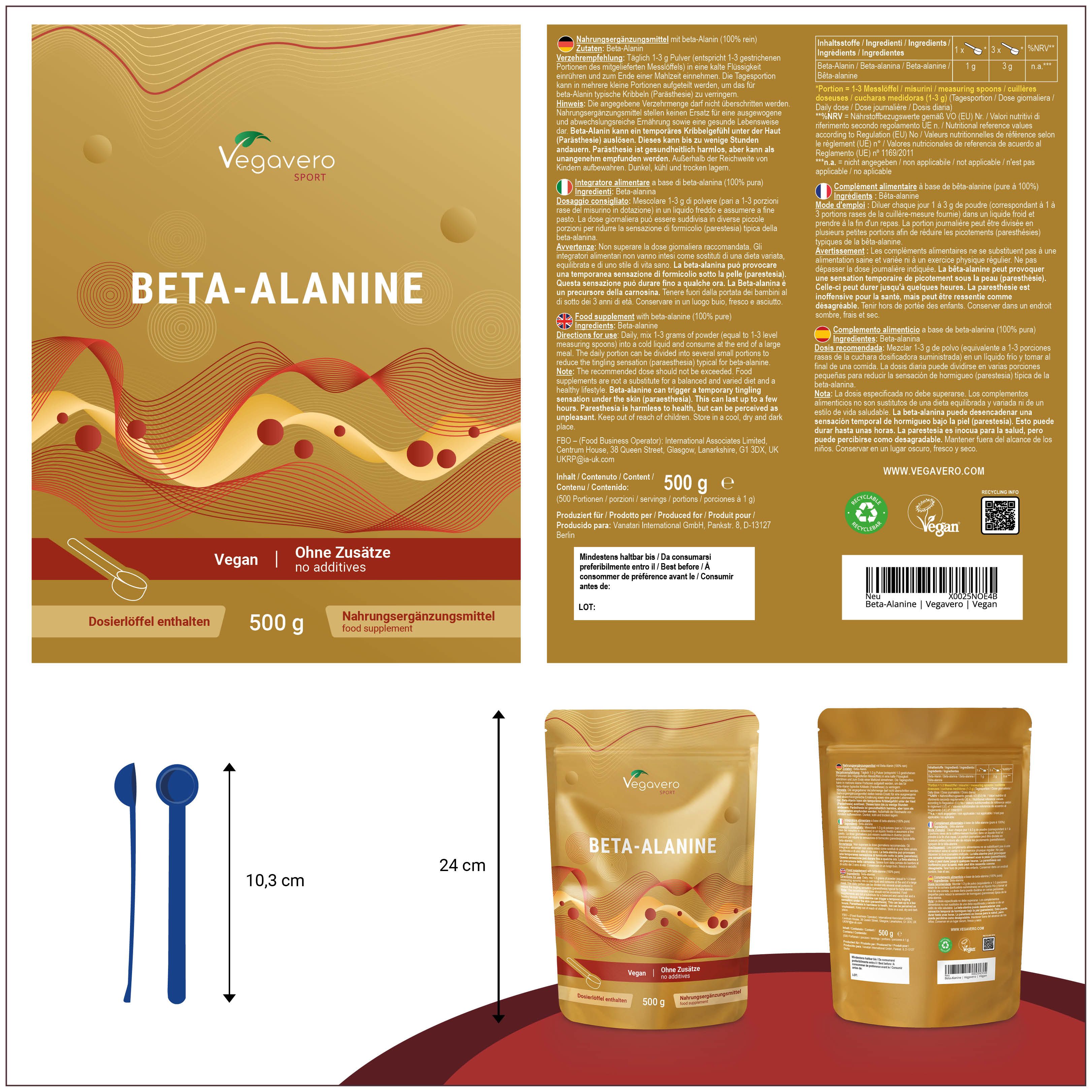 Produktverpackung mit Produktinformationen. Beutel mit BETA-ALANINE, 500g. Maße: 24cm hoch, 10,3cm breit. Blaue und weiße Messlöffel.