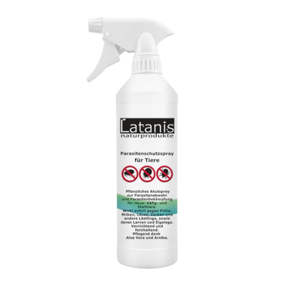 Weiße Sprühflasche mit Sprühkopf. Aufschrift: Latanis Naturprodukte, Parasitenschutzspray für Tiere. Abbildungen von Parasiten.