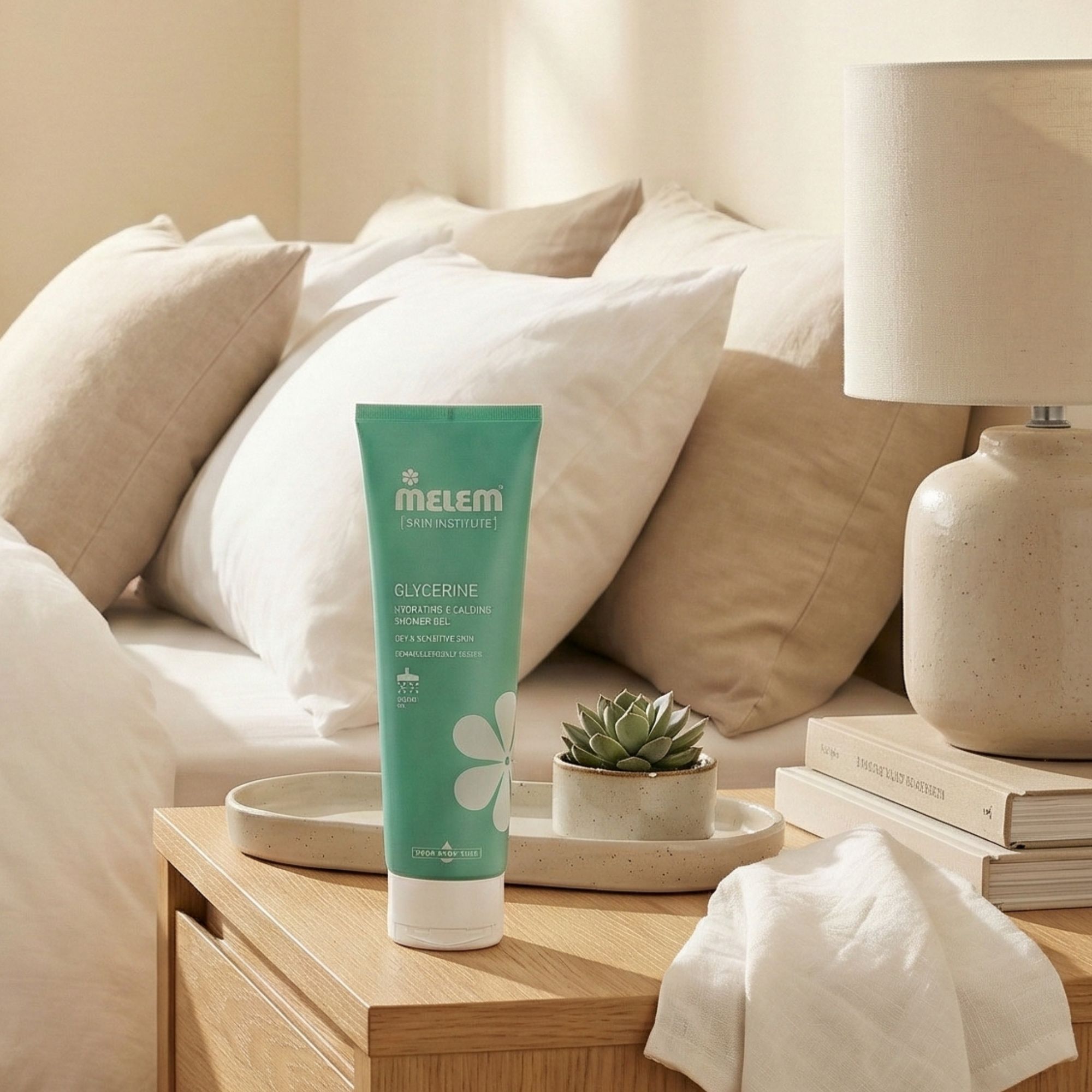Türkisgrüne Tube mit weißem Verschluss. Aufschrift: Melem, Glycerine, Hydrating & Calming Shower Gel. Liegt auf einem Nachttisch.