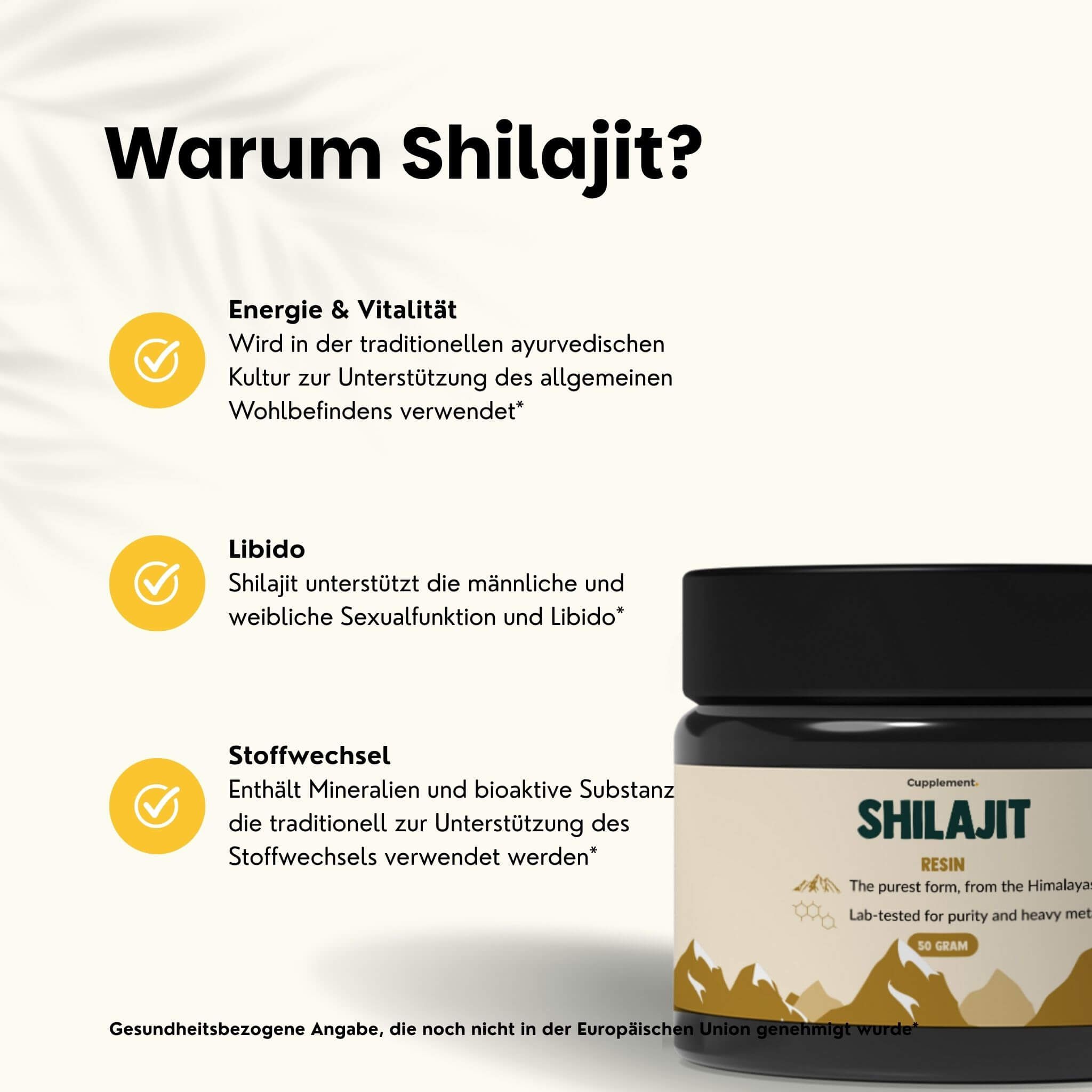 Infografik: Warum Shilajit? Drei Kreise mit Text: Energie & Vitalität, Libido, Stoffwechsel. Produkt im Hintergrund.