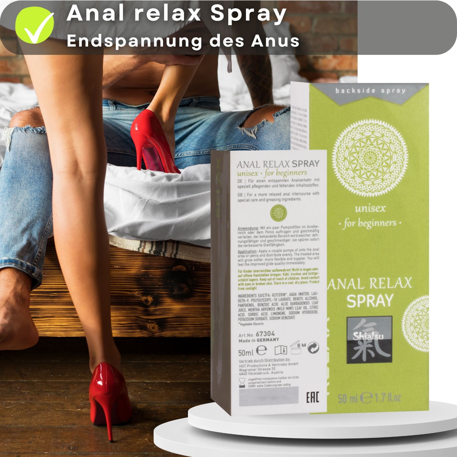 Produkt und Paar. Verpackung mit Text. ANAL RELAX SPRAY, unisex, Shiatsu. 50 ml.