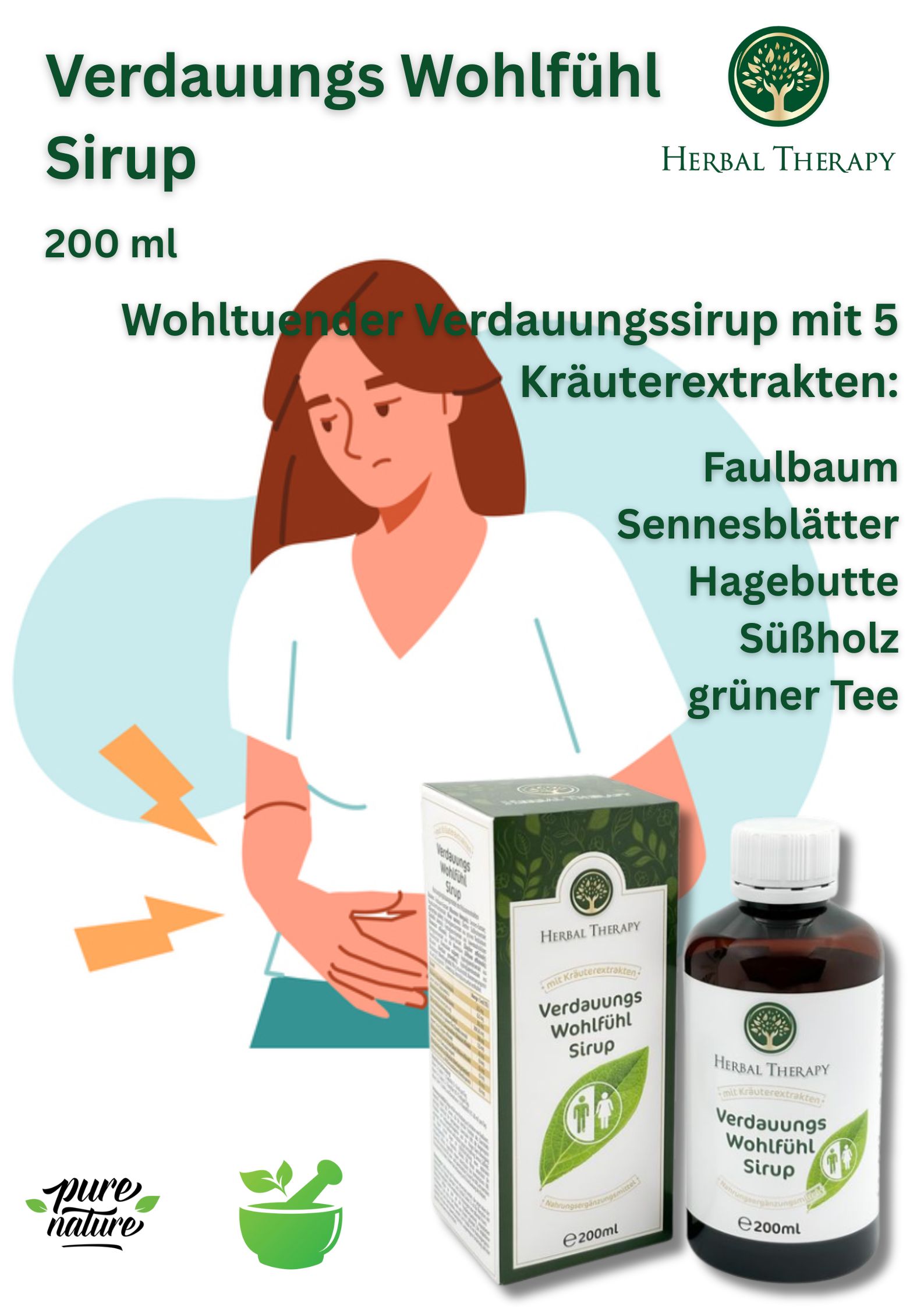 Werbebild mit Frau, Flasche und Verpackung. Aufschrift: Herbal Therapy Verdauungs Wohlfühl Sirup. Text in deutscher Sprache.