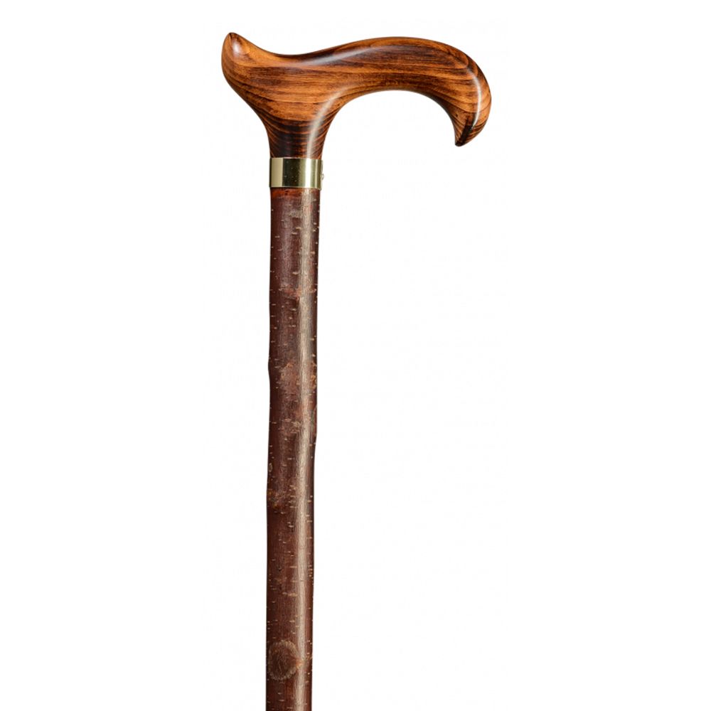 Gehstock aus Holz mit Derby-Griff. Der Griff ist braun und gebogen. Der Schaft ist dunkelbraun und hat eine goldfarbene Manschette.