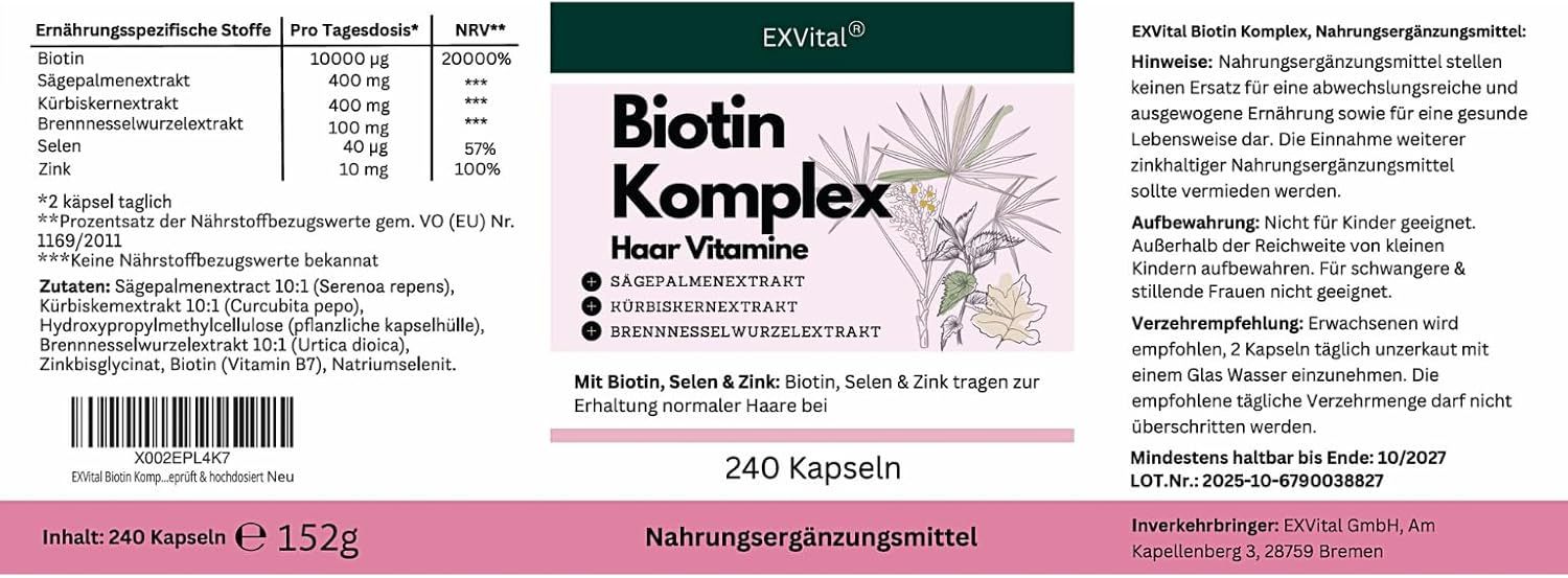 Etikett mit Inhaltsstoffen und Nährwertangaben. Text: Biotin Komplex Haar Vitamine. 240 Kapseln. Nahrungsergänzungsmittel. EXVital.