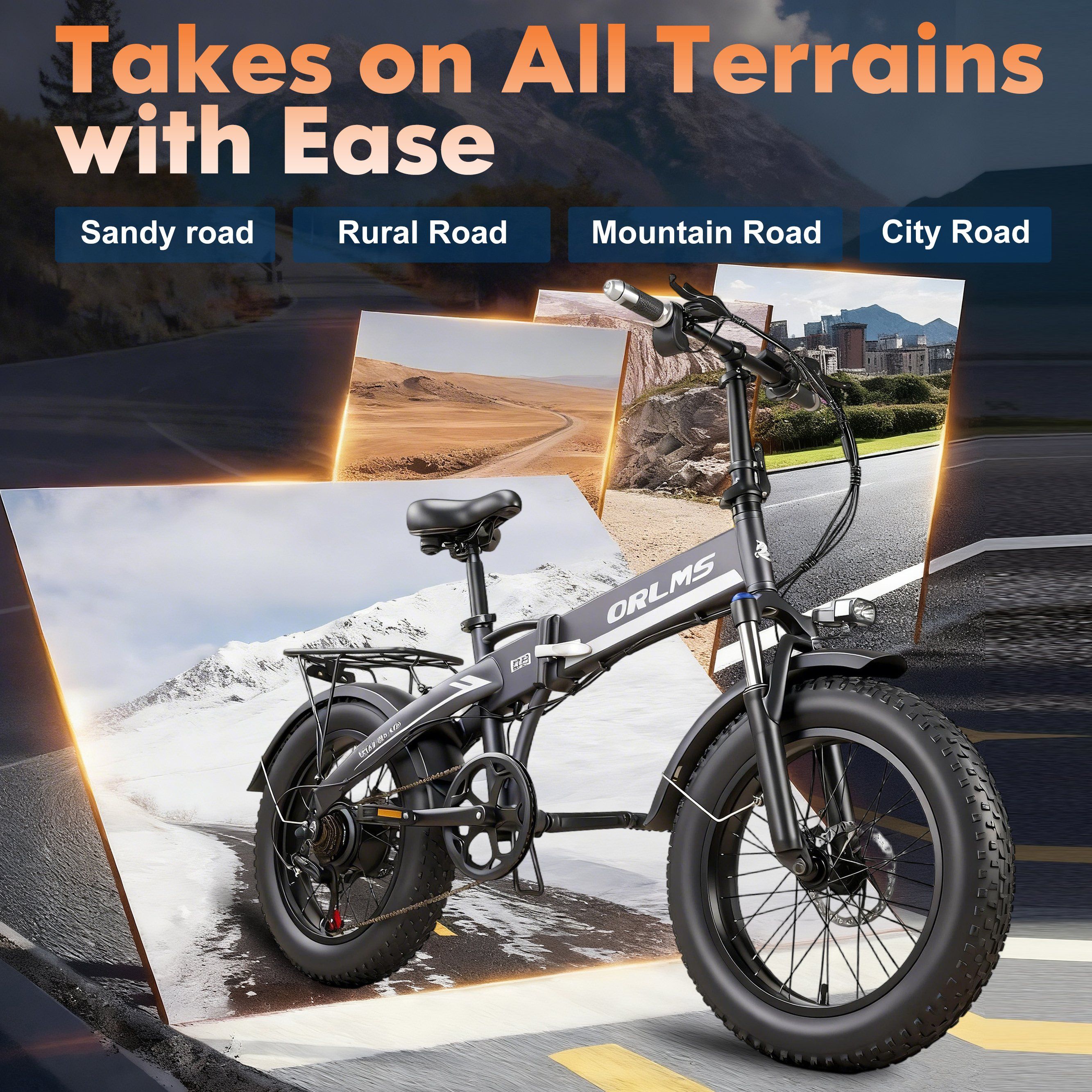 Schwarzes Elektro-Faltrad auf verschiedenen Straßen. ORLMS-Logo. Text: Takes on All Terrains with Ease.