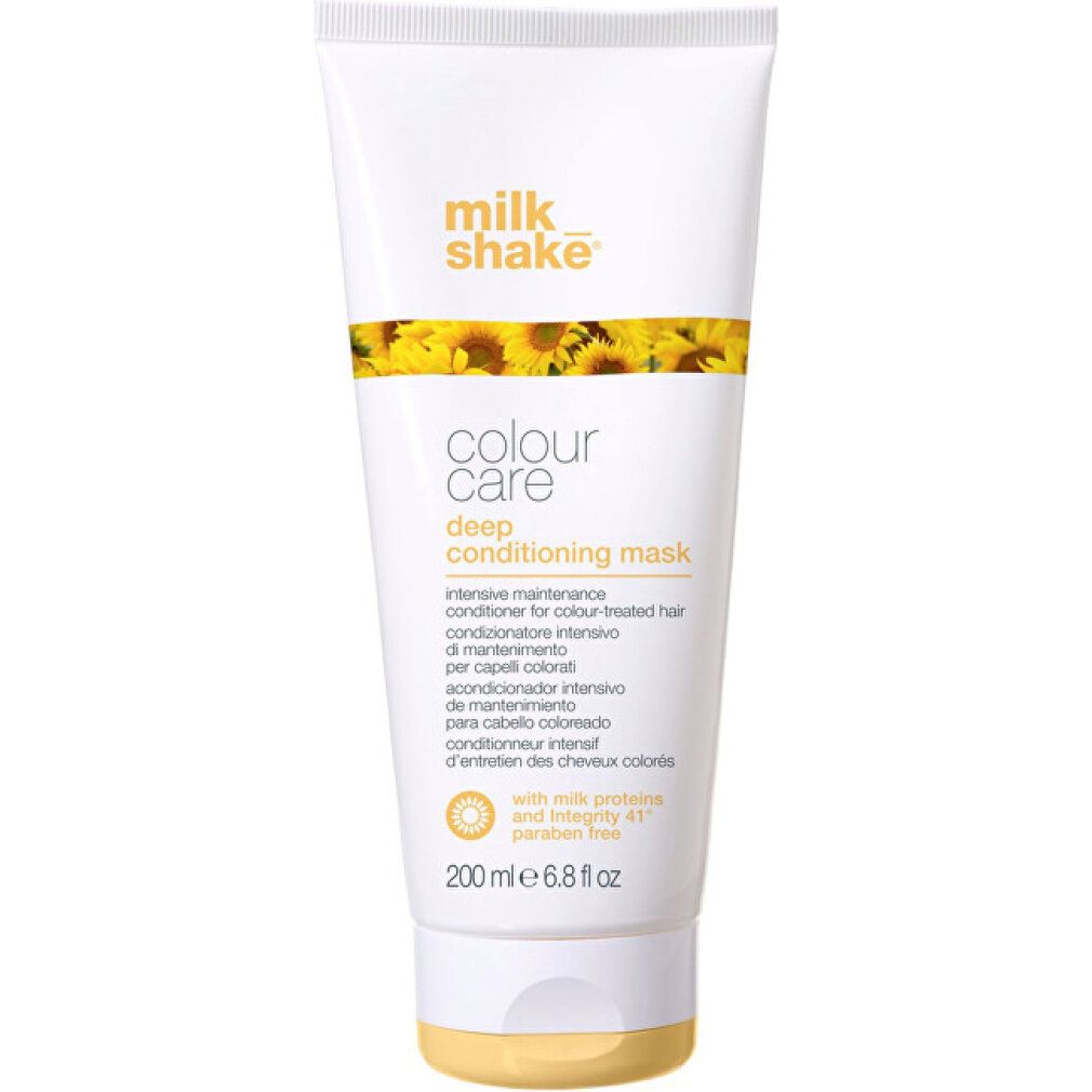 Weiße Tube mit gelbem Deckel. Aufschrift: milk_shake, colour care deep conditioning mask. 200 ml.