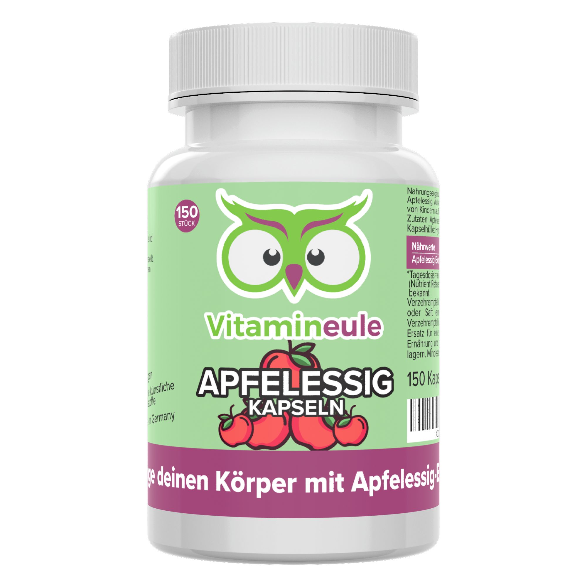 Weiße Flasche mit grüner Etikett. Aufschrift: Apfelessig Kapseln, 150 Stück. Marke: Vitamineule. Mit Apfel-Illustration.