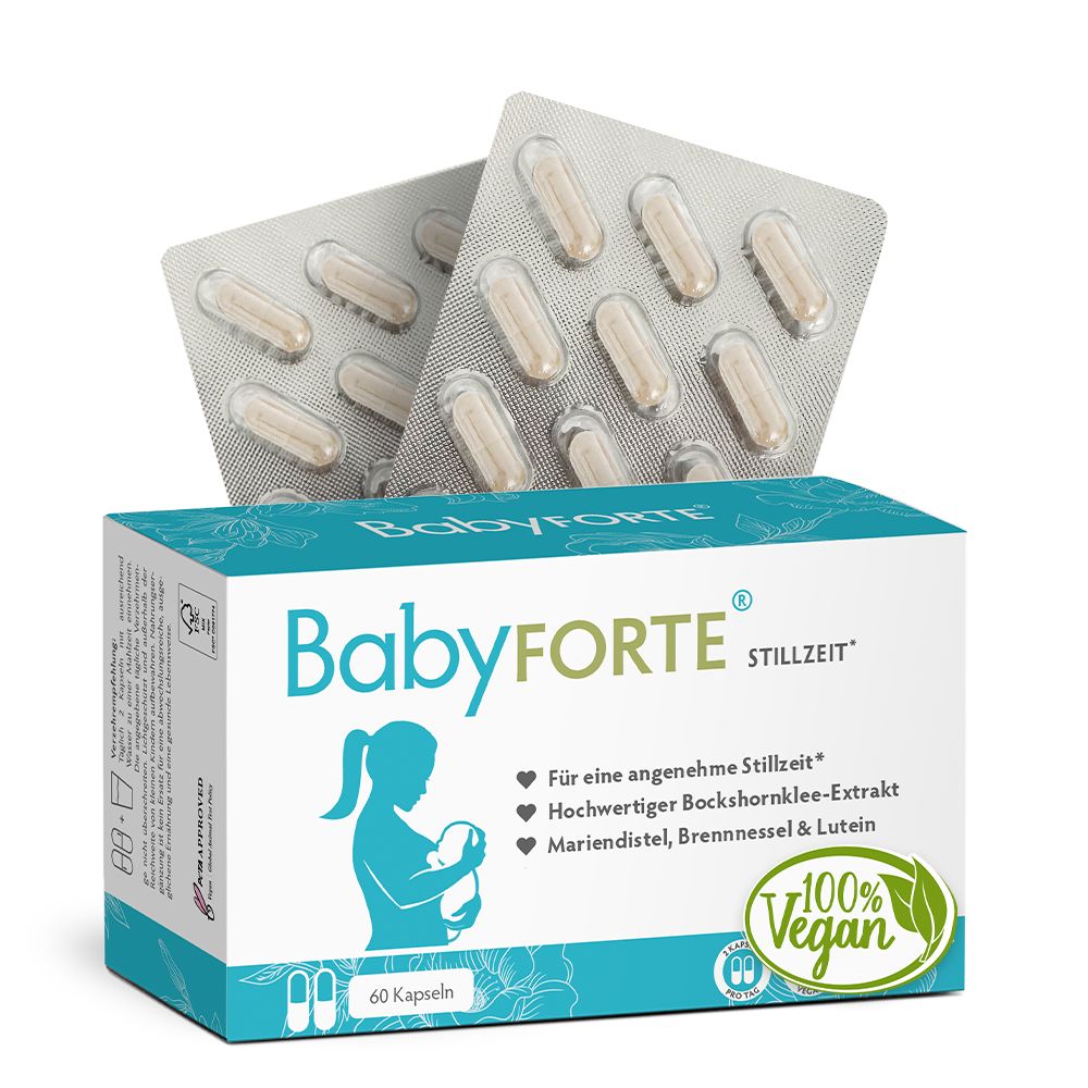 BabyFORTE-Packung mit 60 Kapseln. Aufschrift: 100% vegan. Blisterpackungen mit Kapseln. Text: Für eine angenehme Stillzeit.