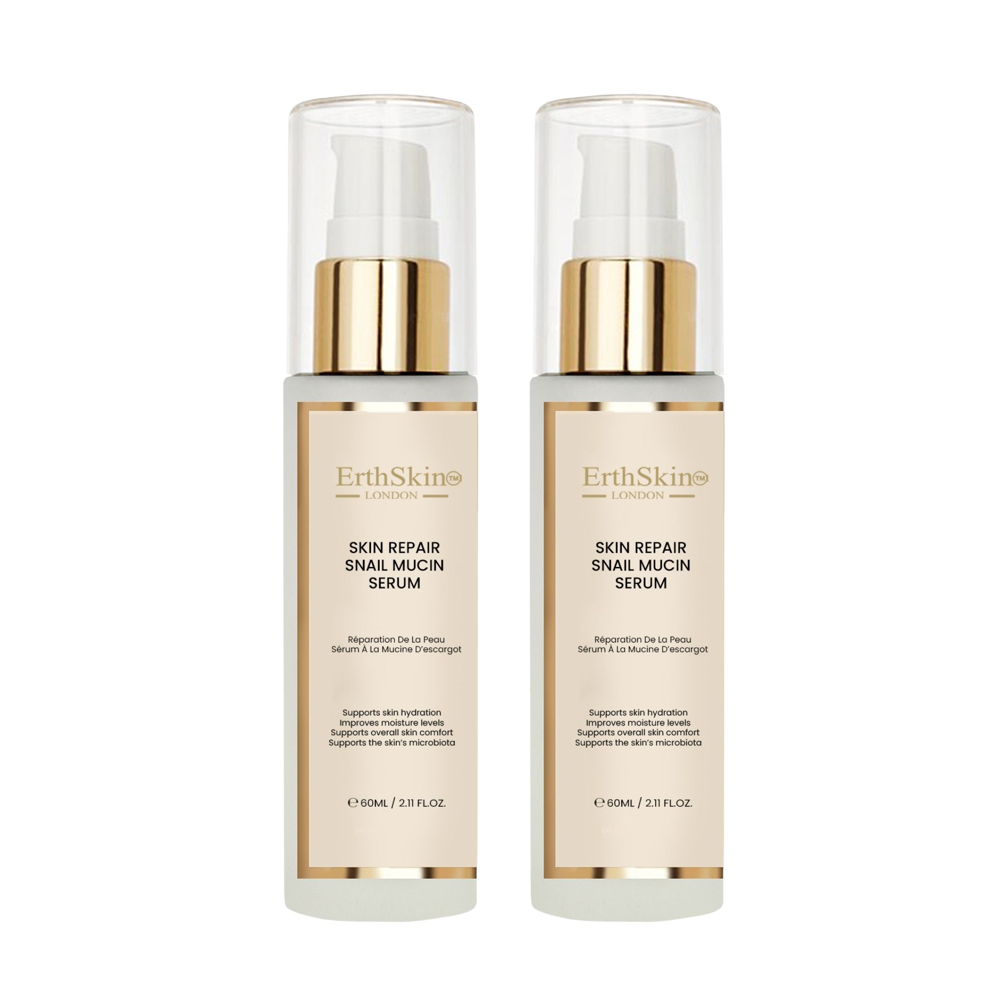 Zwei Flaschen ErthSkin London Skin Repair Snail Mucin Serum mit Pumpspendern.