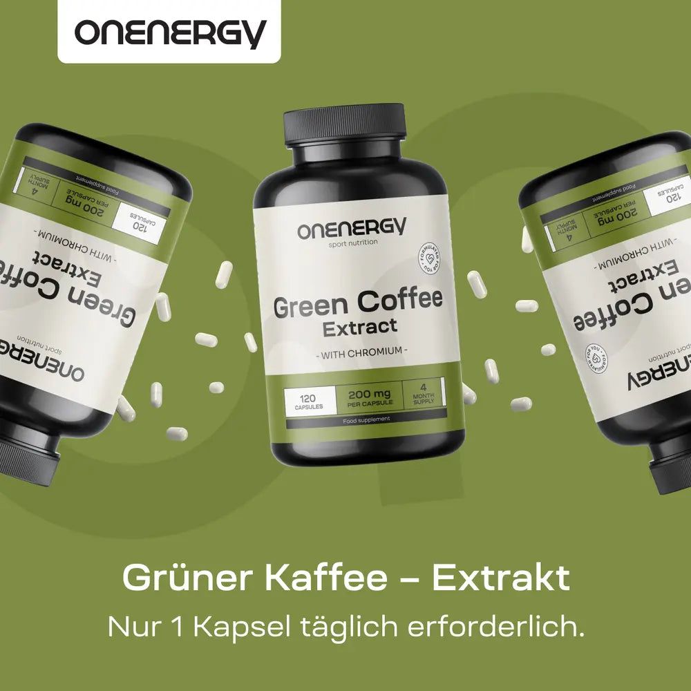 Drei Flaschen OnEnergy Grüner Kaffee Extrakt. "Nur 1 Kapsel täglich erforderlich."