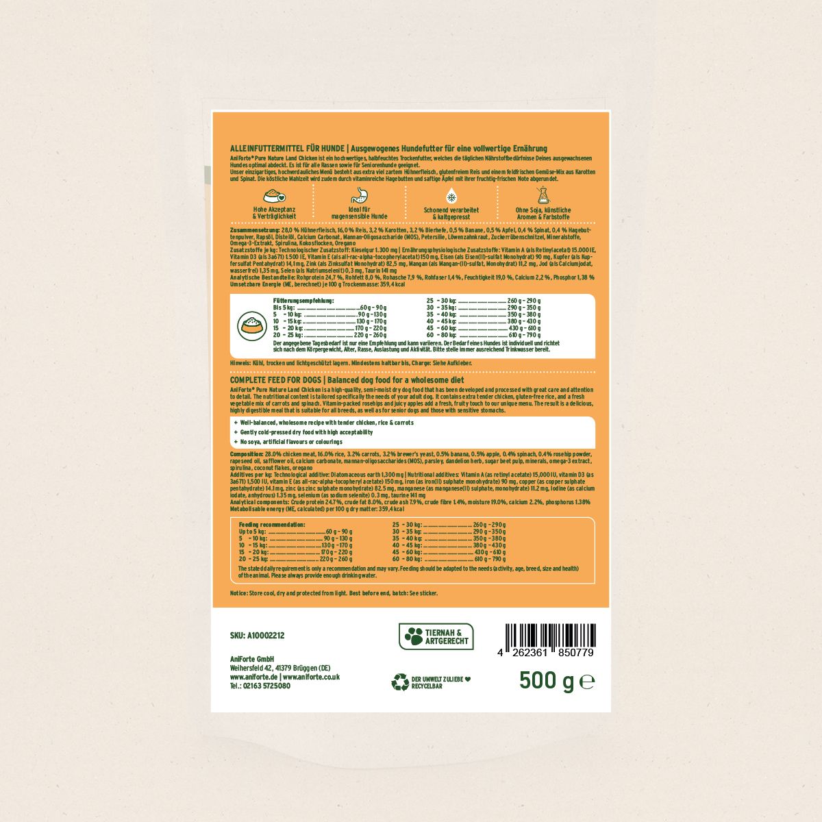 Rückseite der Verpackung von Hundefutter. Enthält Informationen zu Inhaltsstoffen, Fütterungsempfehlungen und Herstellerdetails. 500g.