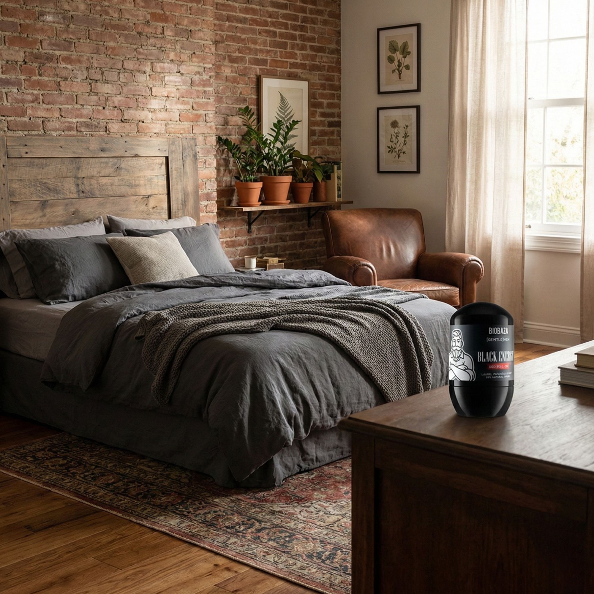 Schwarzer Deo Roll-On auf einem Holztisch. Schlafzimmer im Hintergrund. Aufschrift: BIOBAZA [GENTLE MEN] BLACK ENERGY.