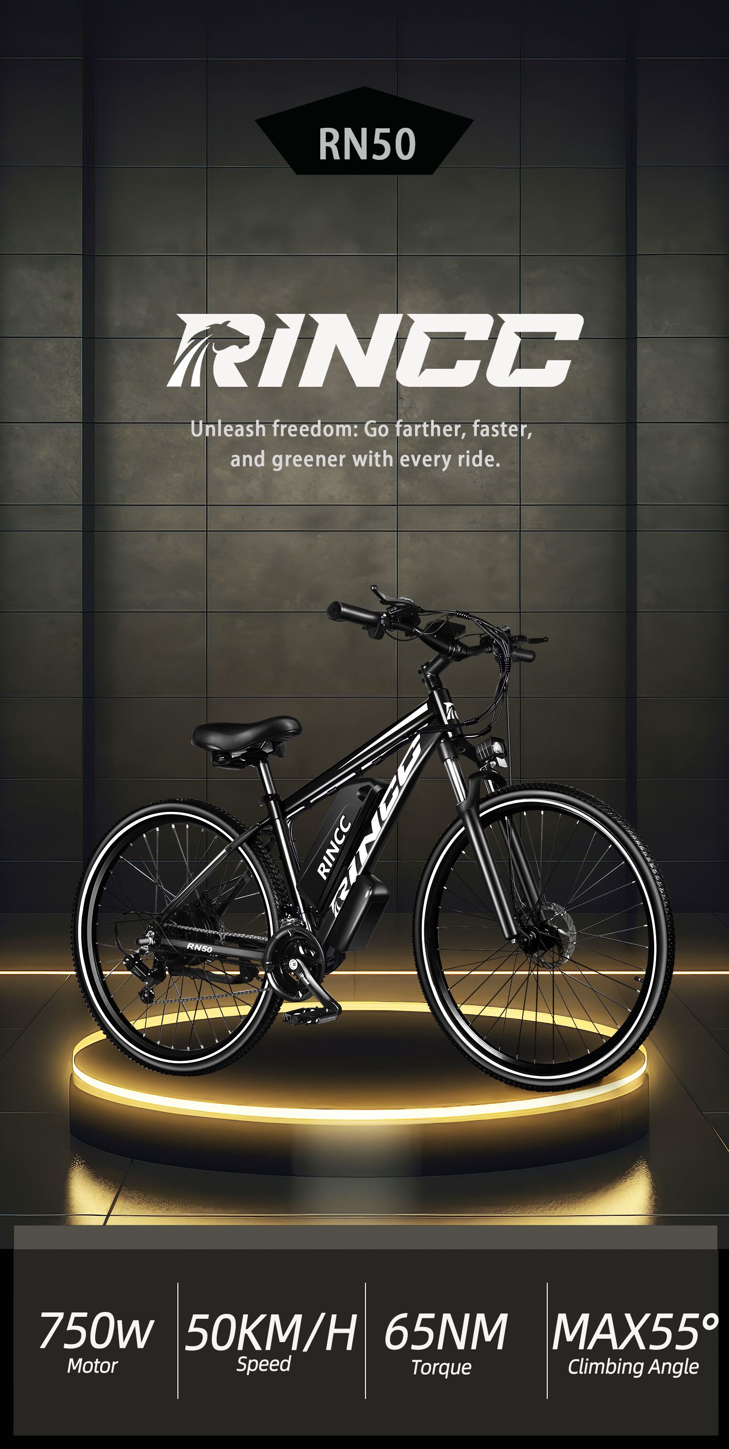 Werbebild für Rincc E-Bike. Rincc-Logo, technische Daten: 750W Motor, 50KM/H Geschwindigkeit, 65NM Drehmoment.