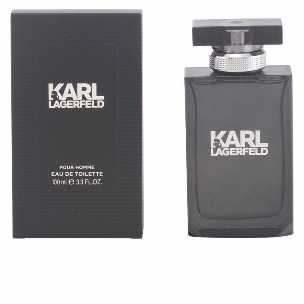 Schwarzer Flakon und Karton von Karl Lagerfeld Pour Homme Eau De Toilette. Flakon mit silbernem Verschluss.