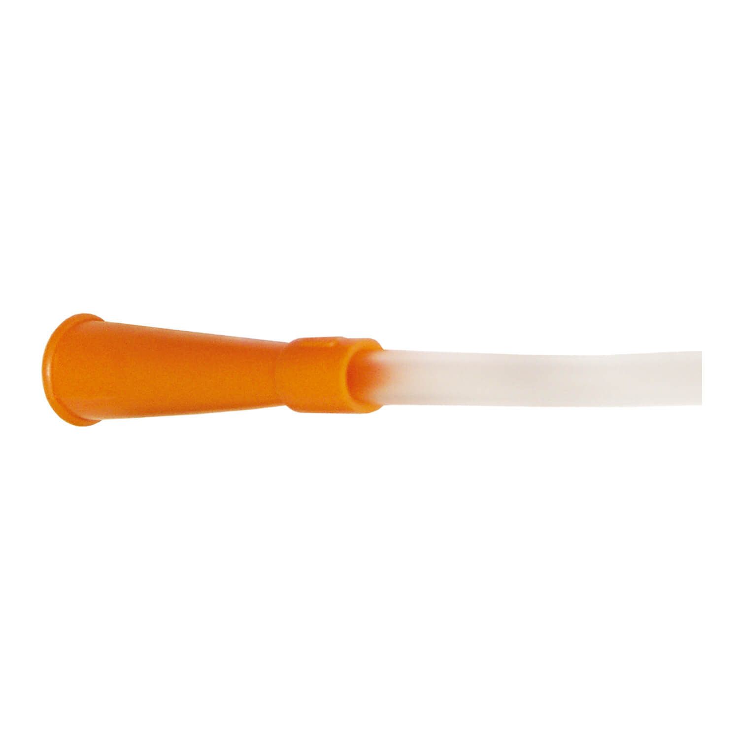 Absaugkatheter, orangefarbener Konnektor, transparenter Schlauch. Detailansicht.
