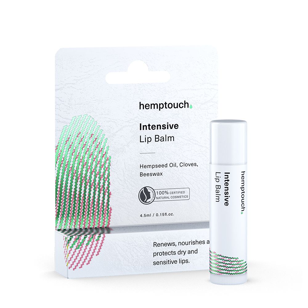 Hemptouch Intensiver Lippenbalsam in weißer Hülse, 4,5 ml, mit Verpackung.