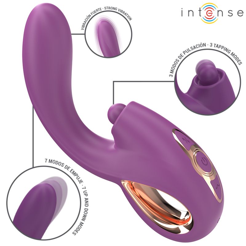 Lila Vibrator mit hervorgehobenen Merkmalen. 3 Klopfmodi, 7 Auf- und Ab-Modi. Marke: Intense. G-Punkt-Vibrator.