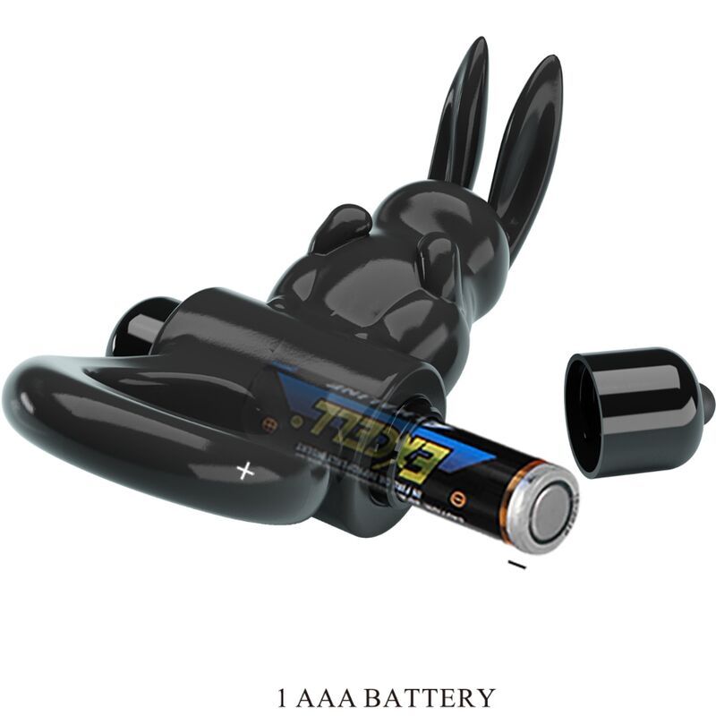 Schwarzer Penisring mit Hasen-Design. Batteriefach für eine AAA-Batterie. Batterie nicht enthalten.