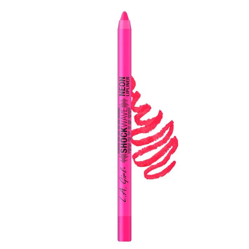 Ein neonpinker Lipliner mit dem Schriftzug "L.A. Girl Shockwave Neon Lipliner" und einer roten Swatch daneben.