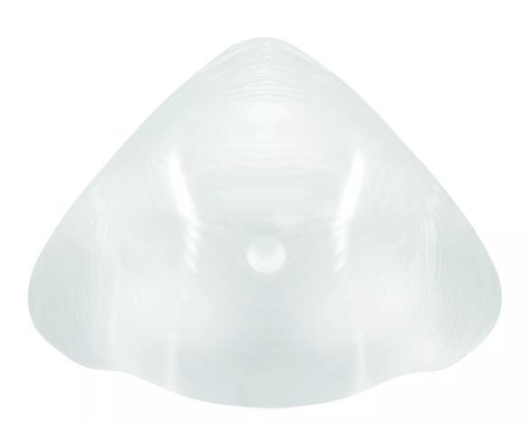 Transparente Bade-Prothese mit zentraler Vertiefung. Tropfenform mit geriffelter Oberfläche. Weiche, transparente Form.