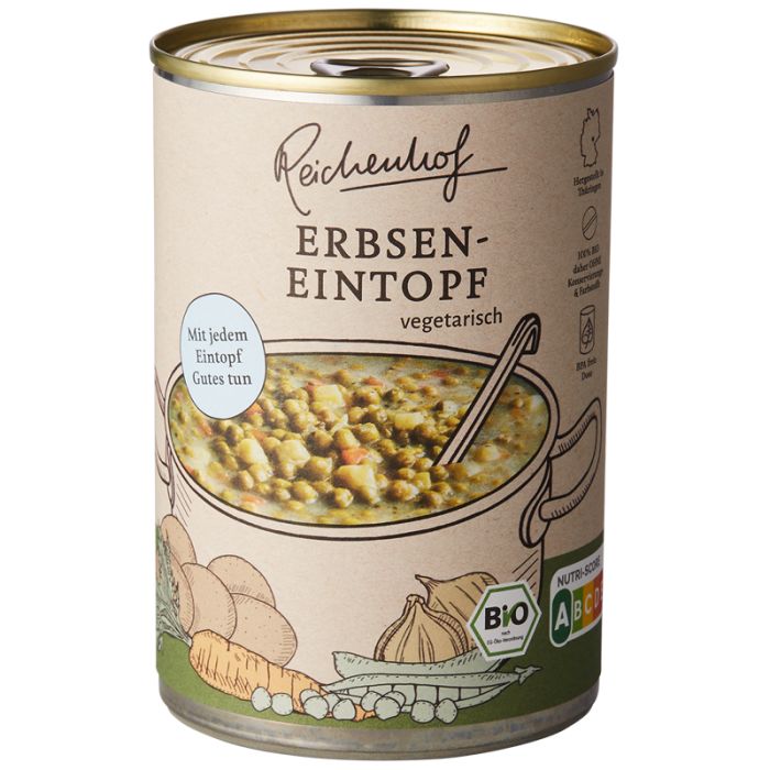 Konservendose mit Reichenhof Erbseneintopf. Aufschrift: vegetarisch, Bio-Siegel. Abbildung von Eintopf mit Gemüse.