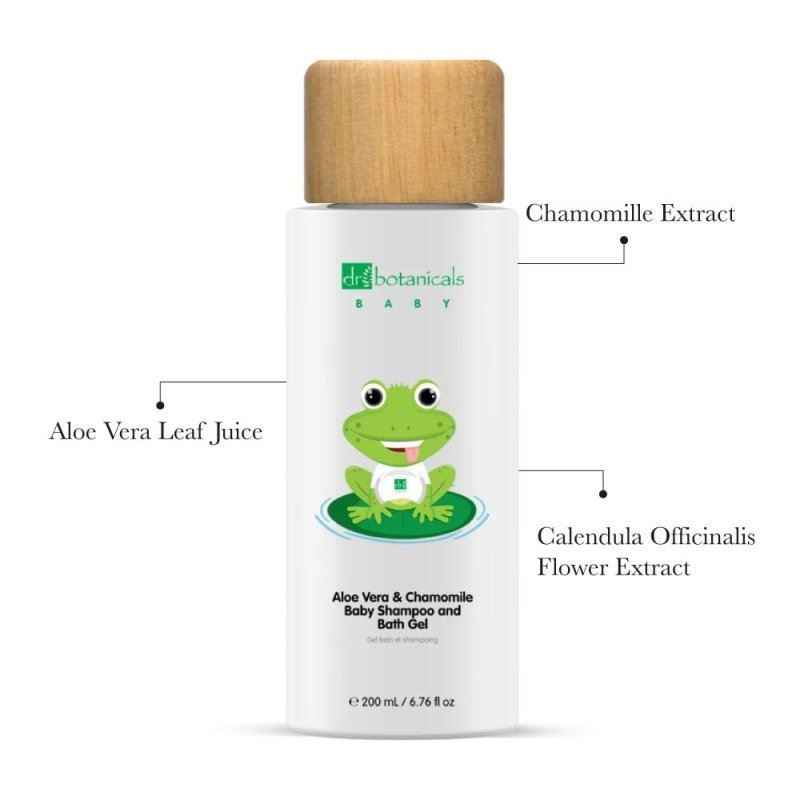 Dr. Botanicals Baby Shampoo mit Aloe Vera und Kamille, mit Inhaltsstoffangaben.