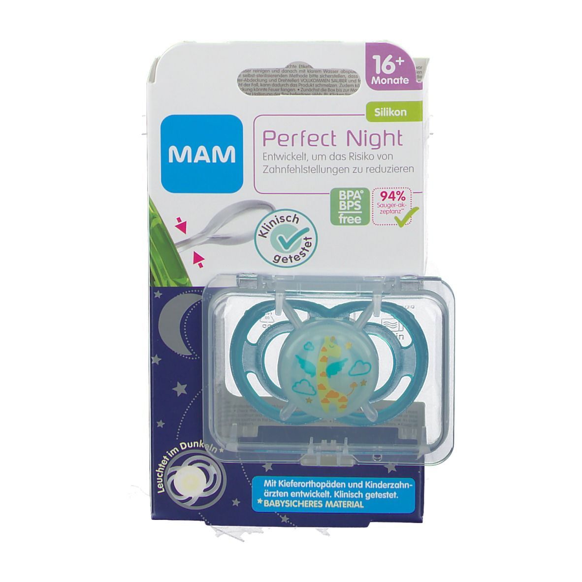 MAM Perfect Night Silikon 16+ Monate Schnuller (Farbe/Motiv nicht wählbar)