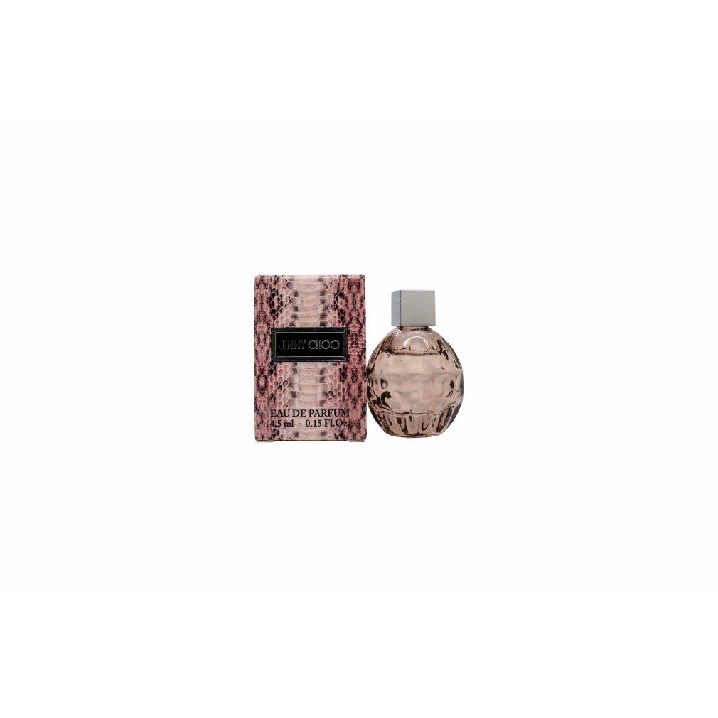 Parfümflakon und Verpackung. Flakon rund, rosa. Verpackung rosa mit Schlangenmuster. Schriftzug: Jimmy Choo Eau de Parfum.