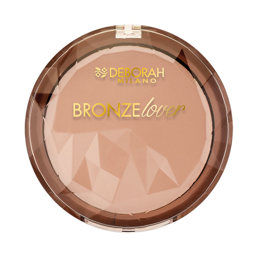 Runder Bronzer-Kompaktpuder. Braune Nuance mit goldfarbenem Schriftzug "BRONZE lover" und Logo. Klare, braune Umrandung.