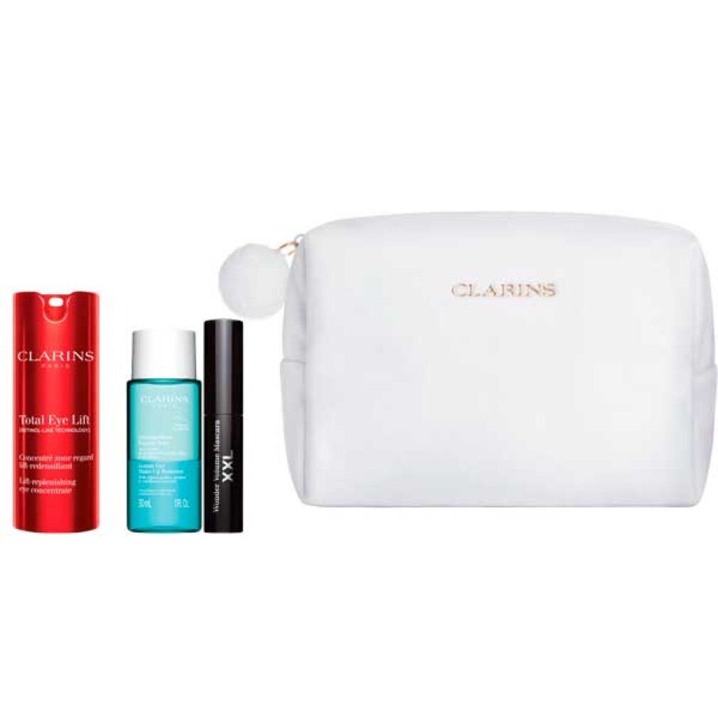 Rotes Total Eye Lift-Produkt, blaue Flasche, schwarze Mascara und weiße Kosmetiktasche mit Clarins-Logo.