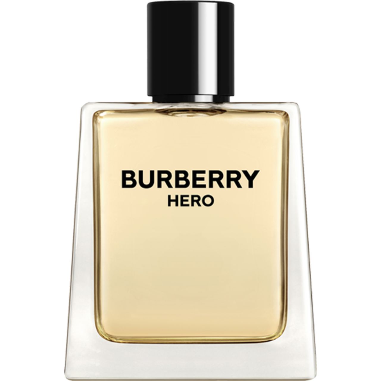Burberry Hero E.d.T. Nat. Spray. Eckiger Flakon mit schwarzem Verschluss. Aufschrift: BURBERRY HERO.