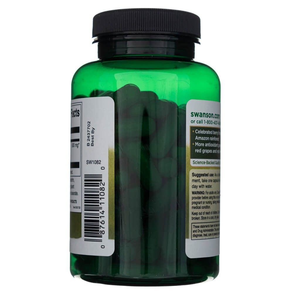 Seitenansicht einer grünen Flasche mit Swanson Acai Beere Kapseln, 500 mg pro Kapsel.