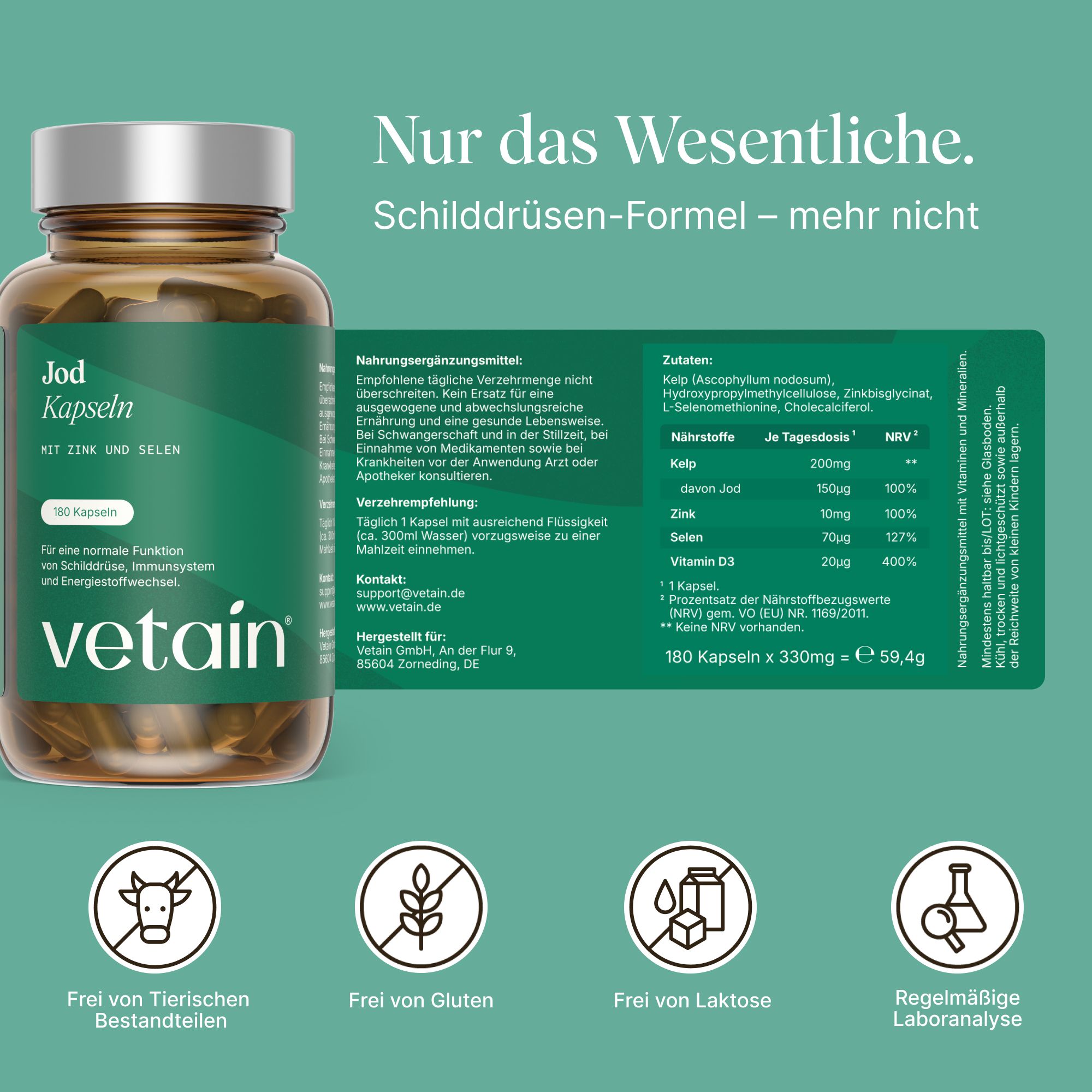 Vetain Jod Komplex Flasche und Nährwerttabelle mit Jod, Zink, Selen, Vitamin D3.