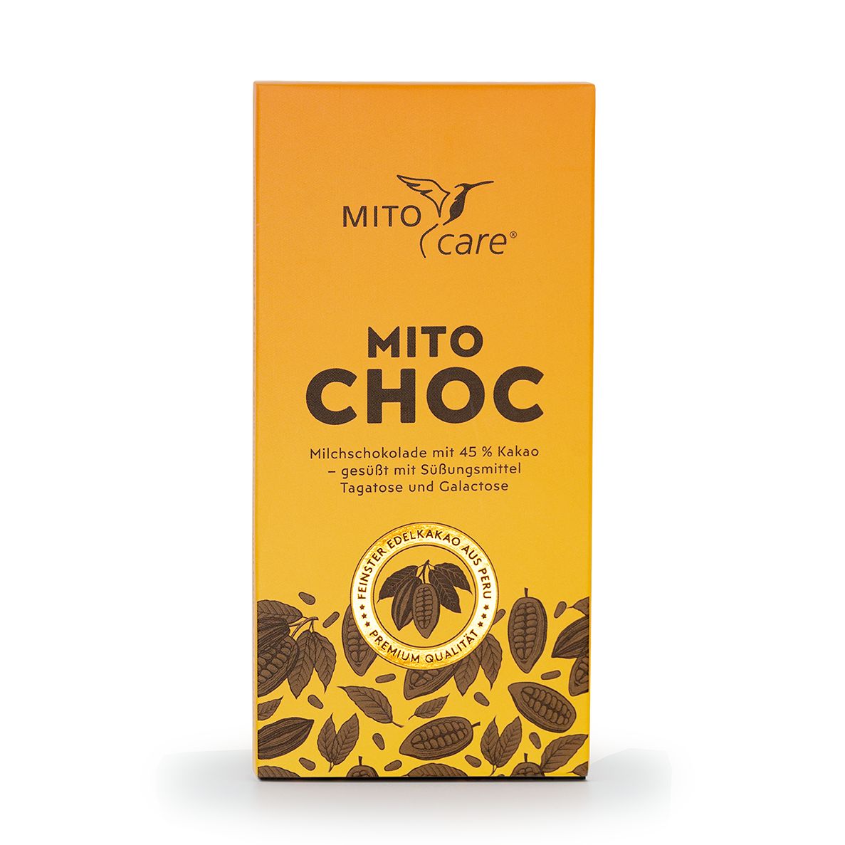 MITOcare MITOchoc Milchschokolade mit 45% Kakao, gesüßt mit Tagatose und Galactose. Kakaobohnen-Design.