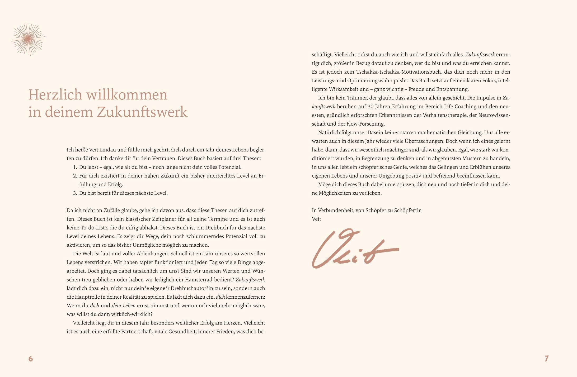 Buchseite mit Text in deutscher Sprache. Überschrift: Herzlich willkommen in deinem Zukunftswerk. Text auf cremefarbenem Hintergrund.