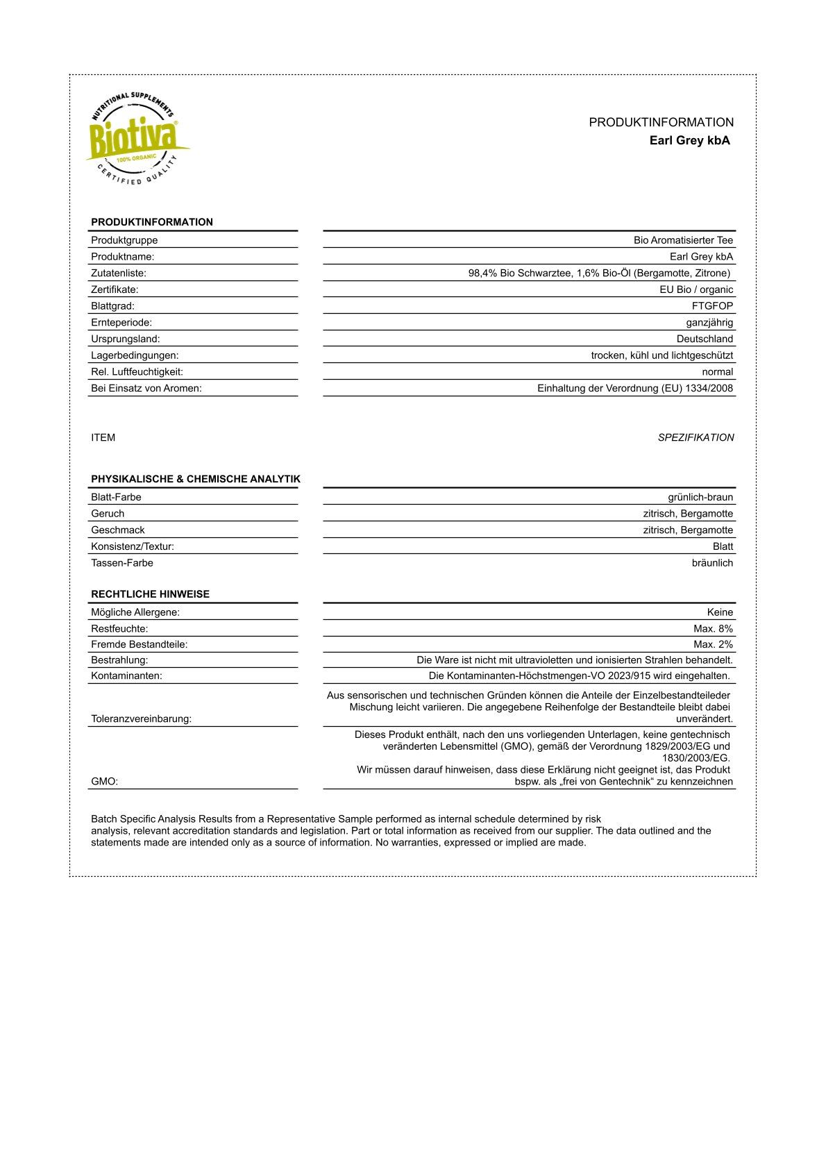 Weißes Blatt mit Tabellen. Produktinformationen, physikalische und chemische Analytik, rechtliche Hinweise. Biotiva Logo oben links.