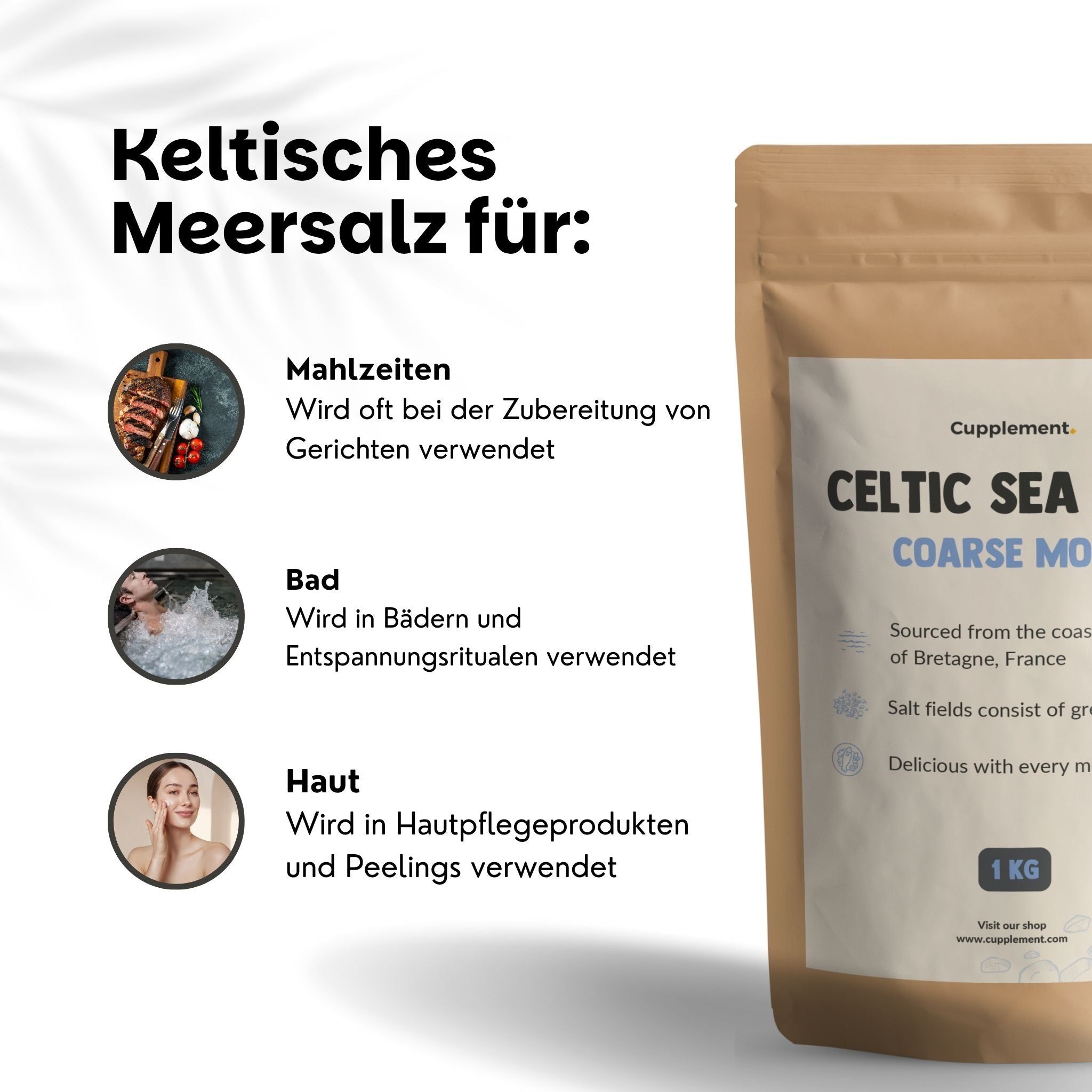 Haufen Meersalz. Text: 100% natürlich, keine Zusätze, vegan, unverarbeitet.