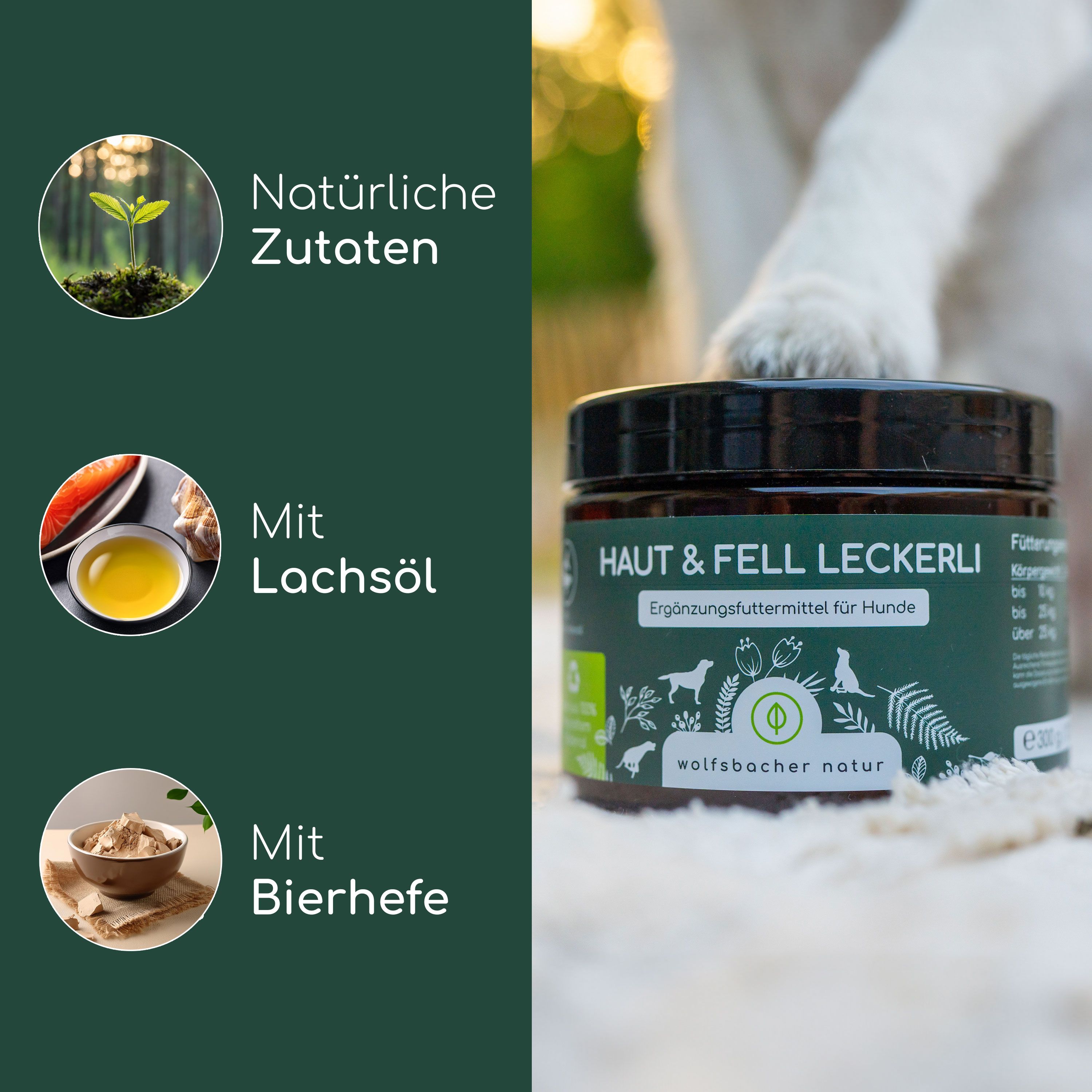 Haut & Fell Leckerli Dose. Text: Natürliche Zutaten, Mit Lachsöl, Mit Bierhefe. Hundepfote berührt Dose.