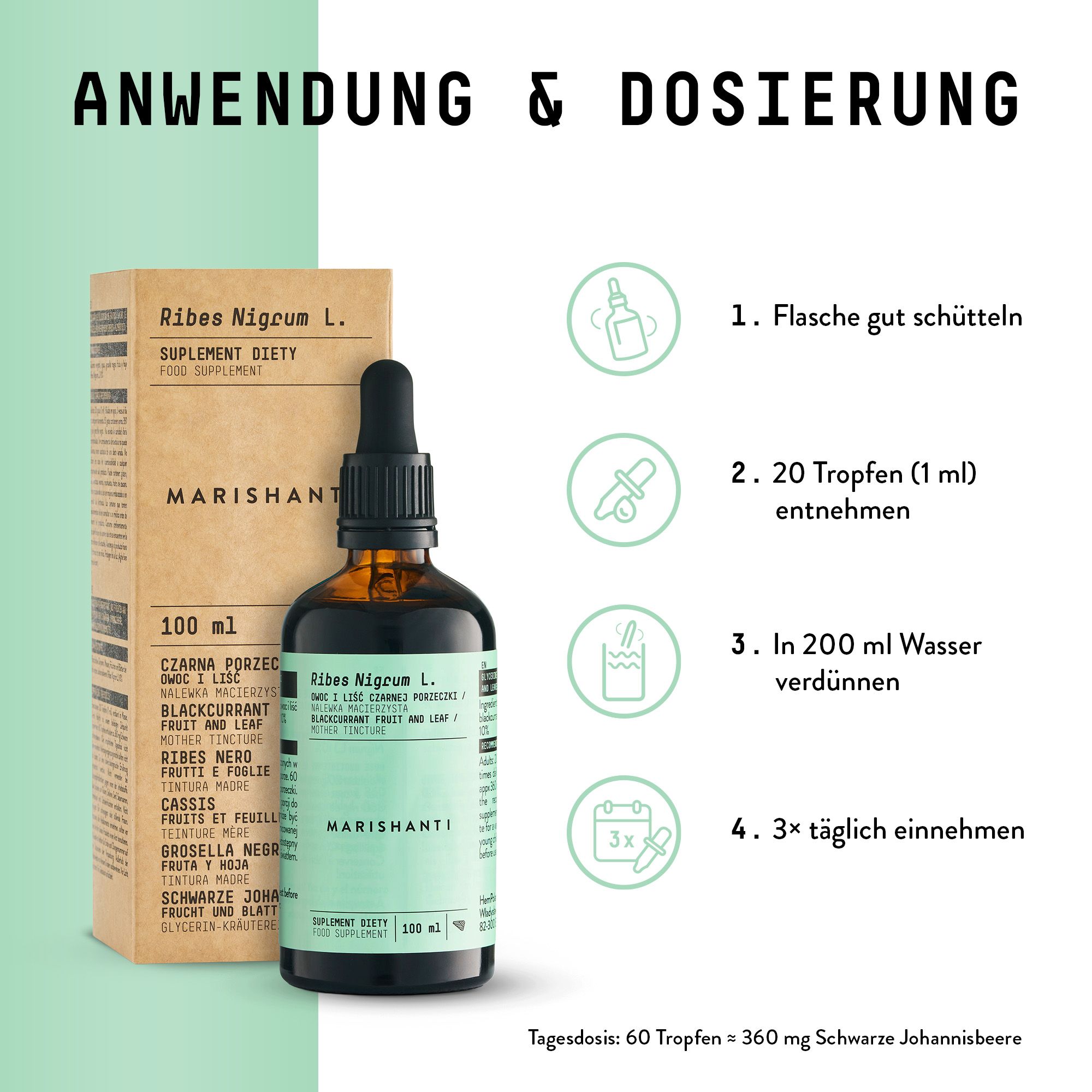 Braune Flasche mit Tropfer und Verpackung. Marishanti Schwarze Johannisbeere Extrakt. Anwendung: 20 Tropfen in Wasser.