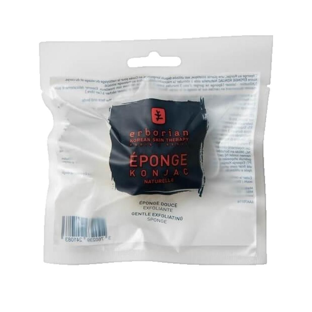 Konjac-Schwamm in Verpackung. Verpackung transparent mit Logo und Text. Schwamm quadratisch.