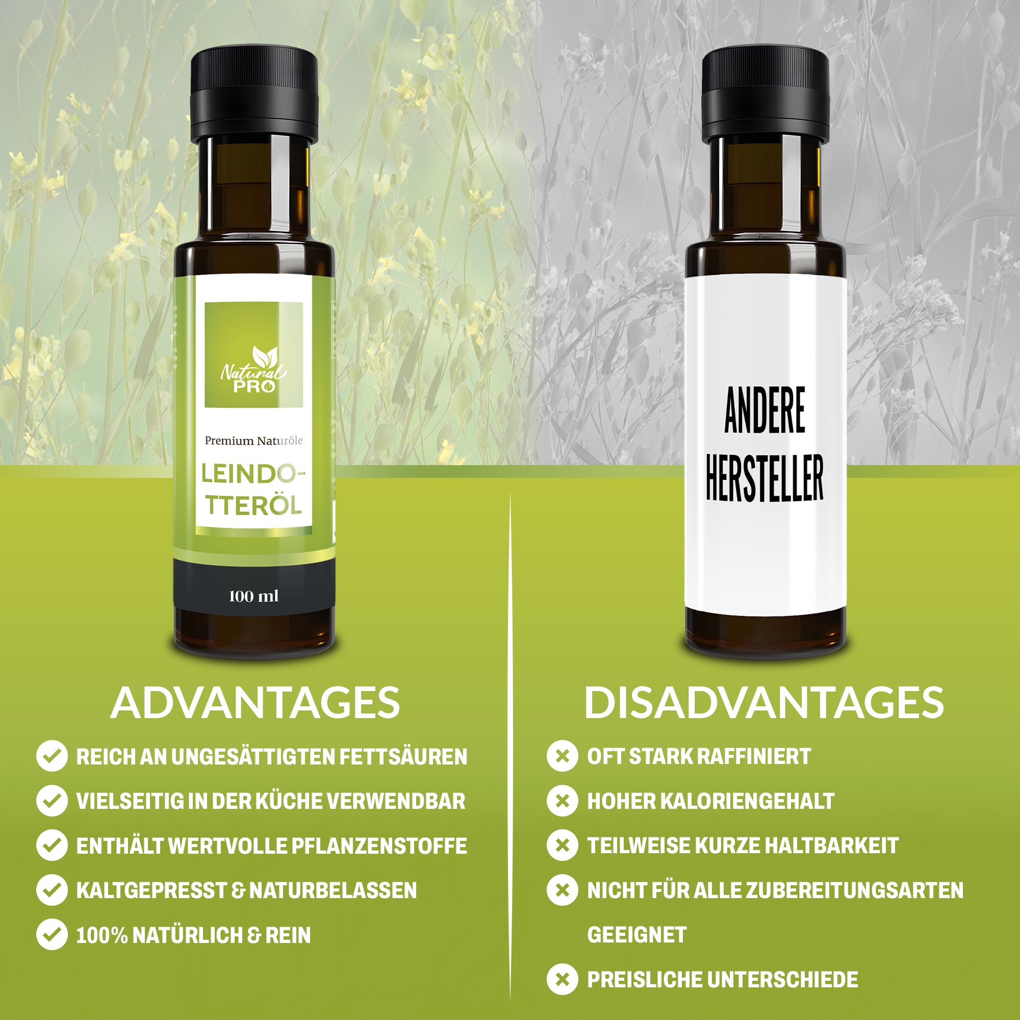 Zwei Flaschen Leindotteröl. Eine mit Vorteilen, eine mit Nachteilen. Text: Natural Pro, Leindotteröl, 100 ml.