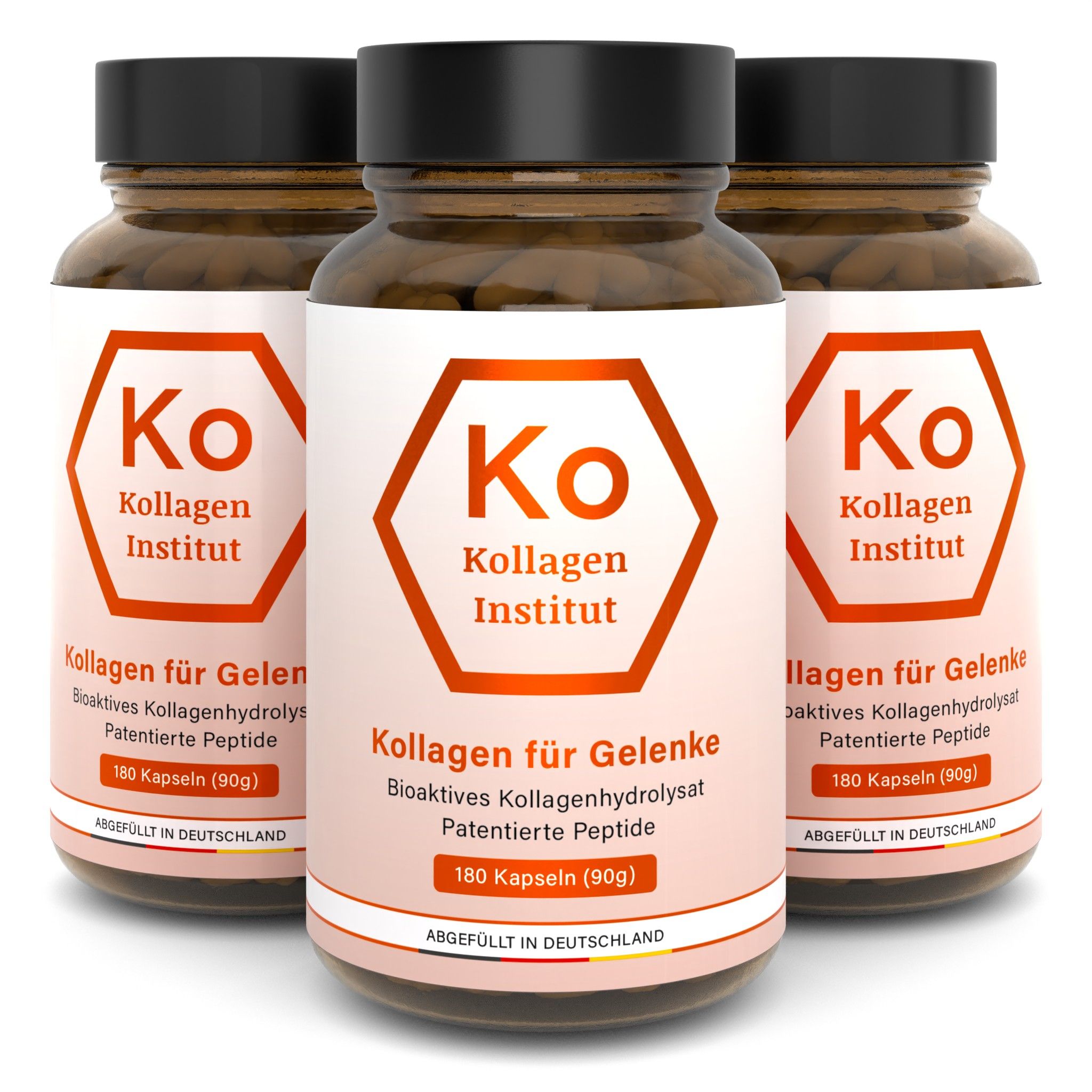 Drei Flaschen Kollagen für Gelenke von Kollagen Institut, 180 Kapseln (90g) pro Flasche.