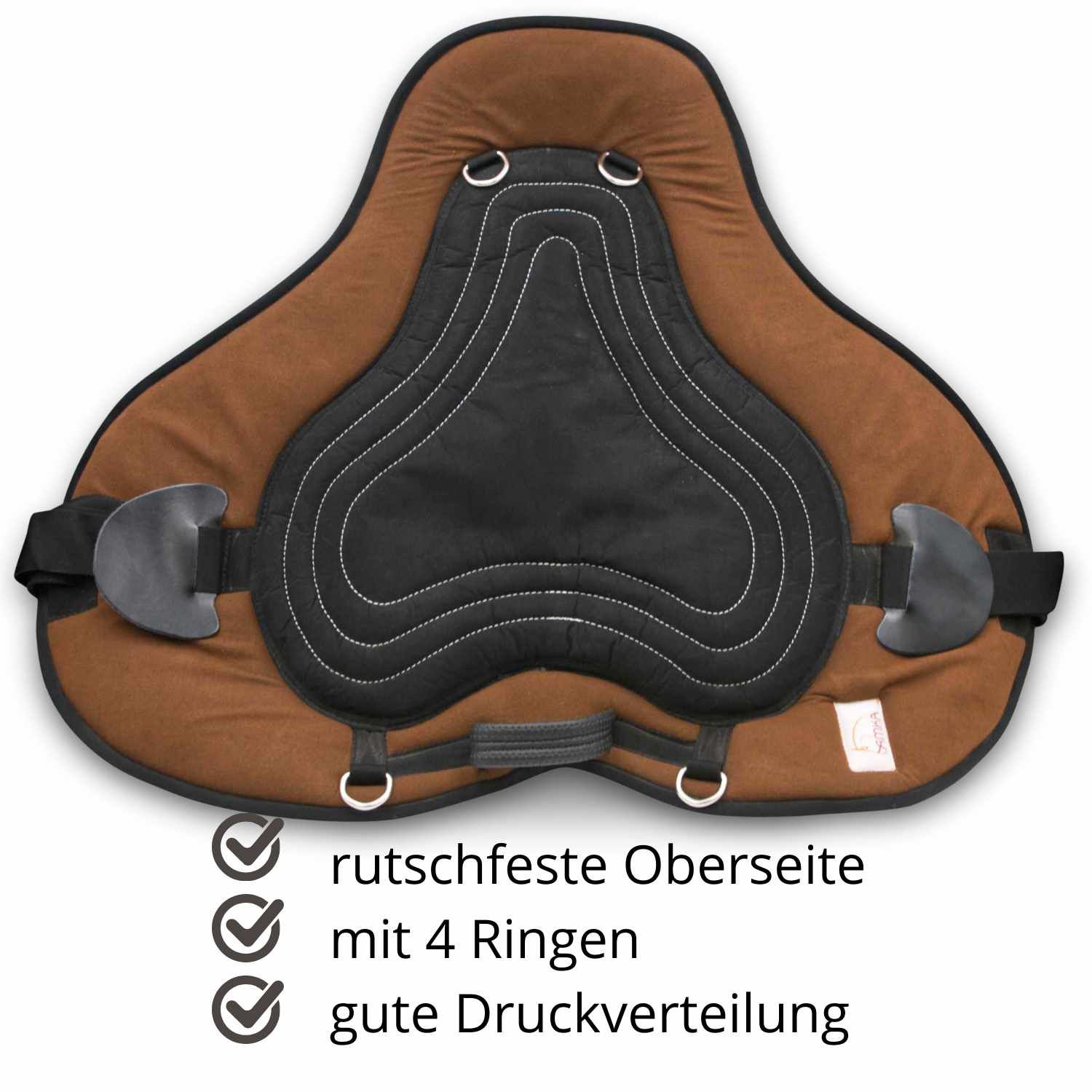 Sattelunterlage mit rutschfester Oberseite, 4 Ringen und guter Druckverteilung. Braune und schwarze Farben.